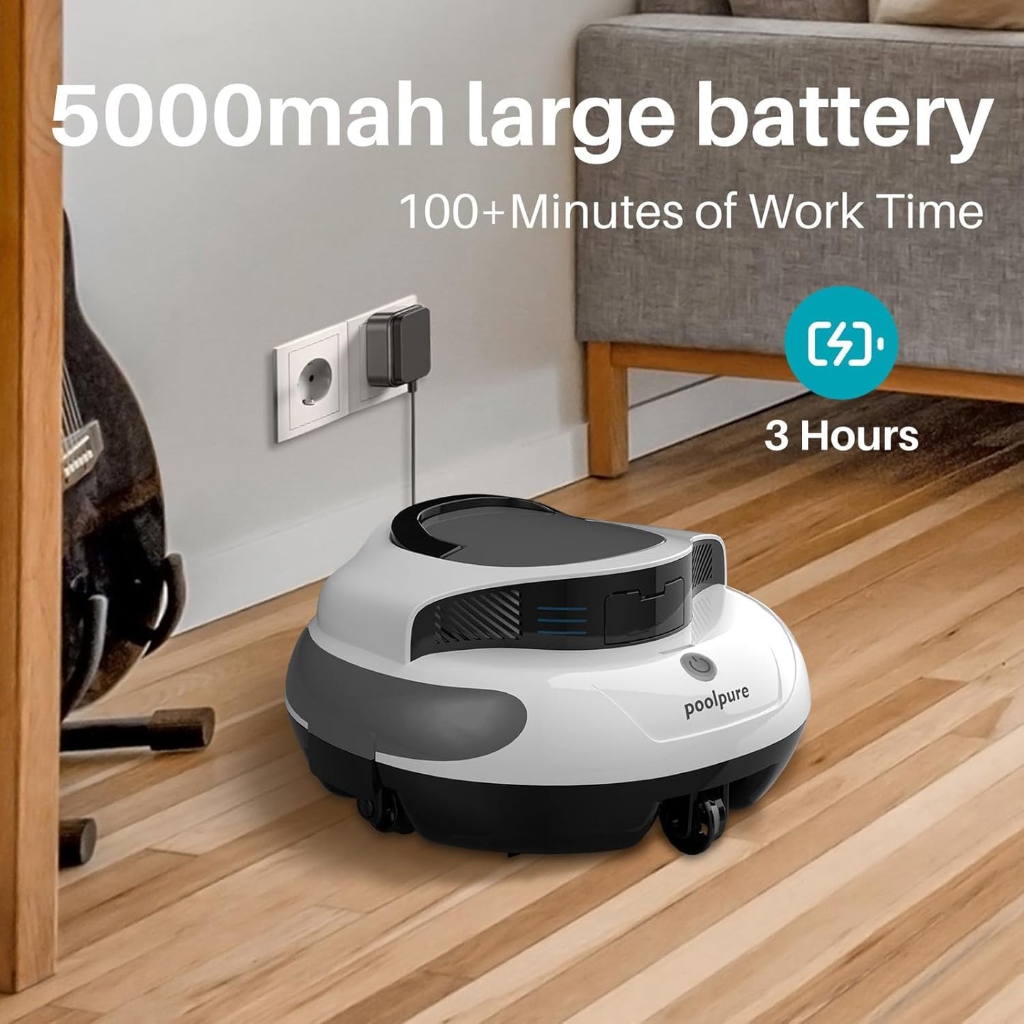 POOLPURE Poolroboter – Kabellos mit 5000 mAh Akku, 120 Min Laufzeit, automatische Parkfunktion, LED-Anzeige, IPX8, für Pools bis 90 m²