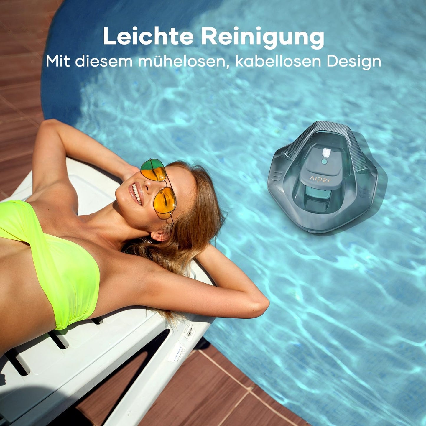 AIPER Poolroboter, kabelloser Akku-Poolsauger mit 90 Min Laufzeit, Dual-Motor, LED, Auto-Parken, für Flachbodenpools bis 80 m²