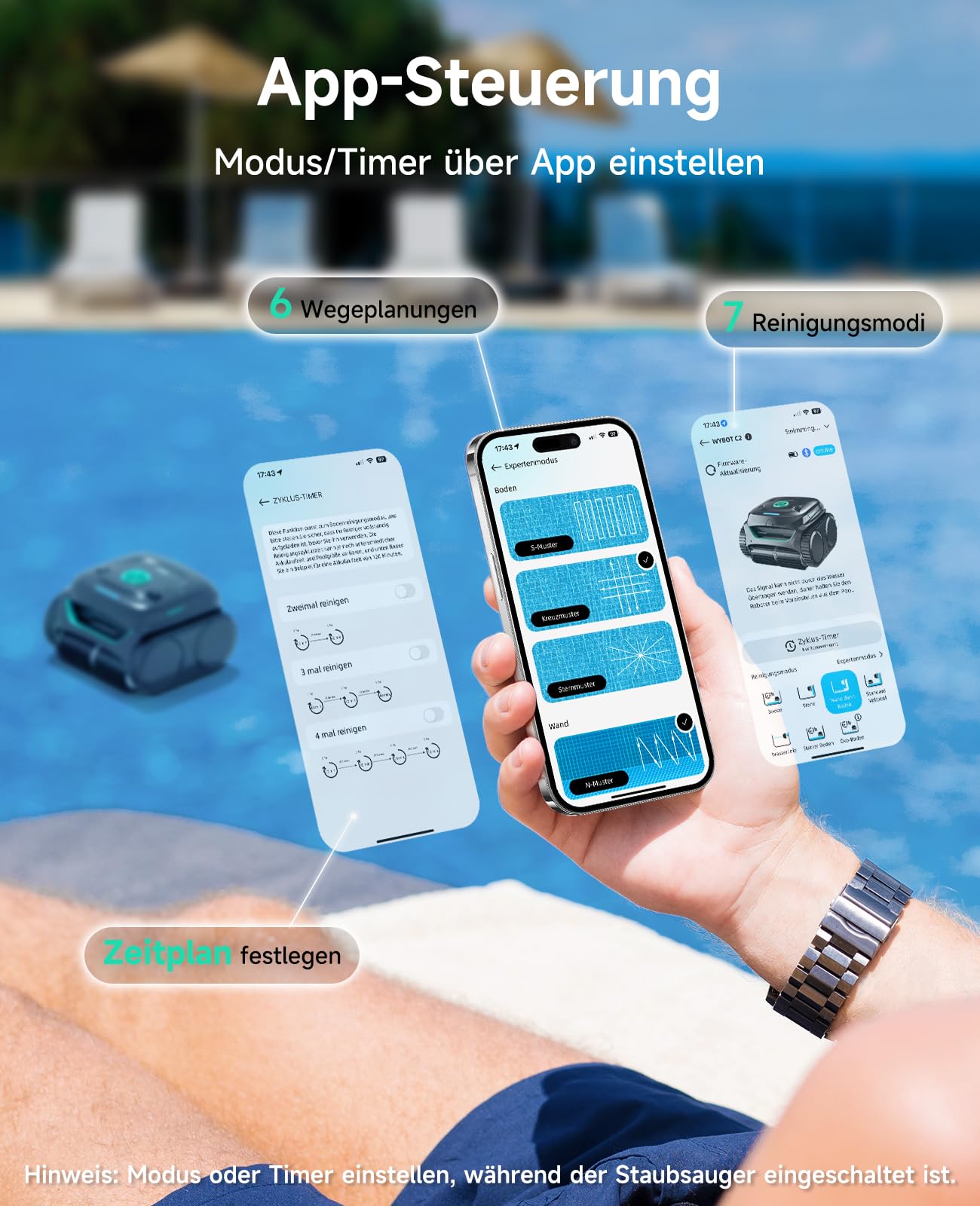 WYBOT C2 Poolroboter Akku, Boden & Wand, 3-Motoren, 180 Min Laufzeit, starke Saugkraft, Doppelfilter, App, für Pools bis 150 m²