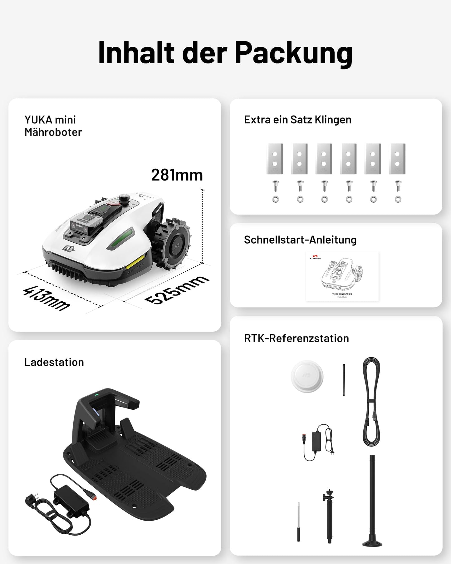 ChatGPT said: MAMMOTION YUKA Mini 500 Mähroboter ohne Begrenzungskabel, 500 m², KI-Hindernisvermeidung, NetRTK+Vision, 4G-App, 50 % Steigung