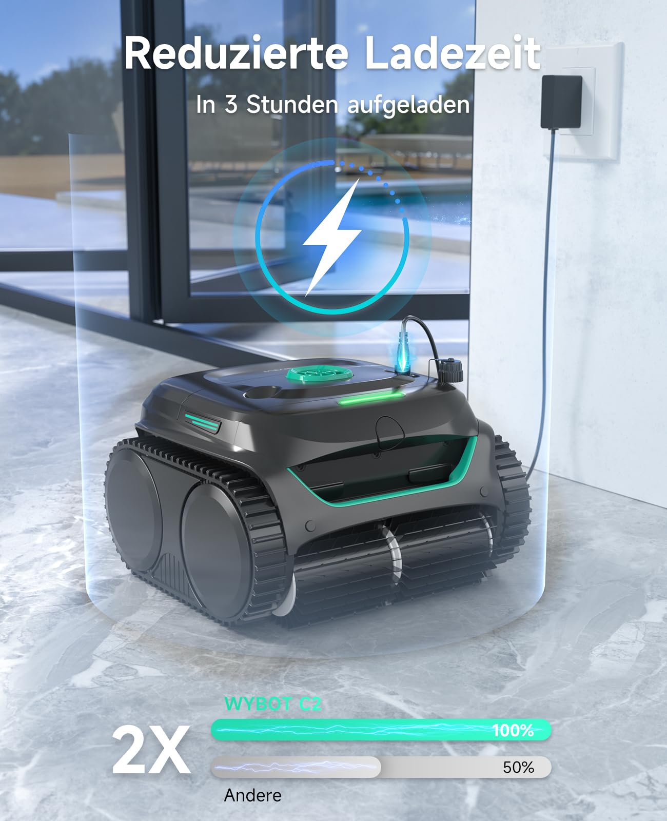 WYBOT C2 Poolroboter Akku, Boden & Wand, 3-Motoren, 180 Min Laufzeit, starke Saugkraft, Doppelfilter, App, für Pools bis 150 m²