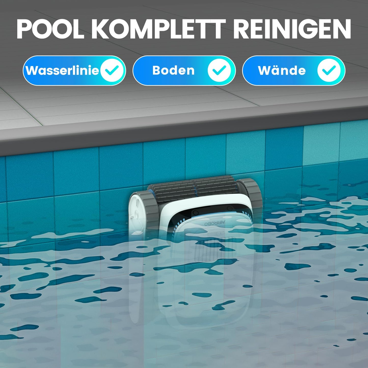 AIRROBO PC10 Poolroboter, kabellos mit Akku, Boden, Wand & Wasserlinie, intelligente Navigation, 120 Min Laufzeit, Wandklettern, für Pools bis 170 m²