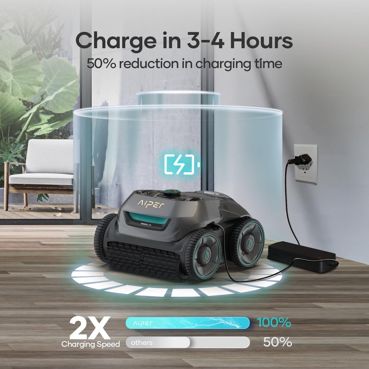 AIPER Poolroboter Akku – Quad-Motor, WavePath Navigation, 3 Modi, 150 Min Laufzeit, kabellos, für Pools bis 150 m² (Generalüberholt)