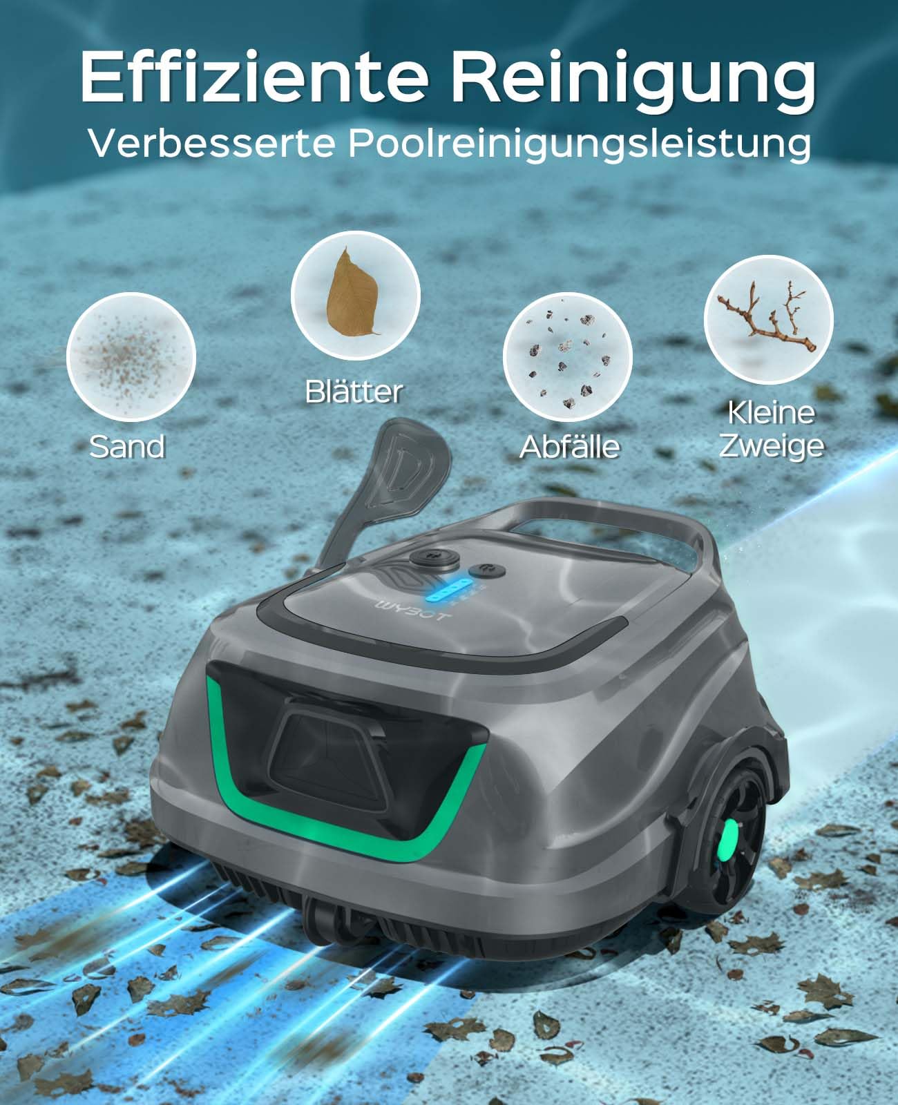 WYBOT A1 Poolroboter (2025 Upgrade), kabellos, 120 Min Laufzeit, Akku & Doppelfilter, für Aufstellpools bis 100 m² (Hellgrau-Grün)