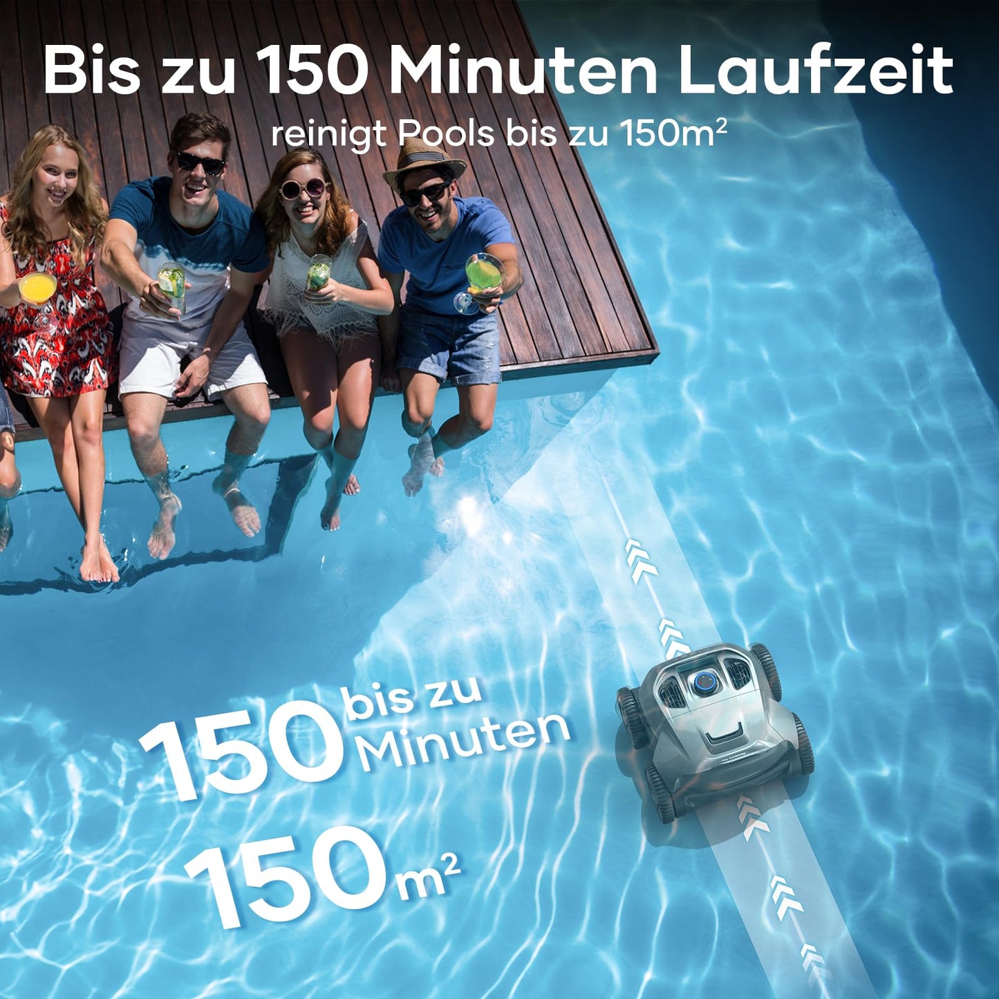 AIPER Akku-Poolroboter, 150 Min Laufzeit, Quad-Motor, WavePath, 3 Modi, 18500 L/h, kabellos, ideal für Pools bis 150 m²