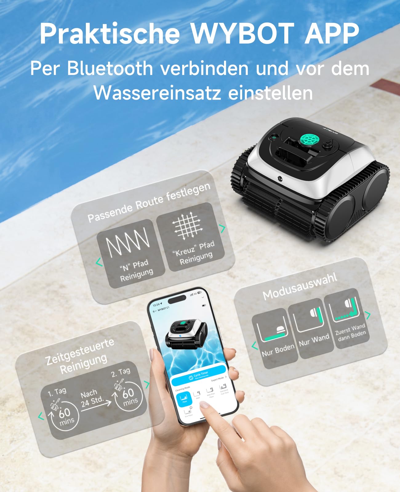 WYBOT C1 Poolroboter mit Akku, 150 Min kabellos, intelligente Routenplanung, Boden-, Wand- & Wasserlinienreinigung, für Pools bis 150 m²