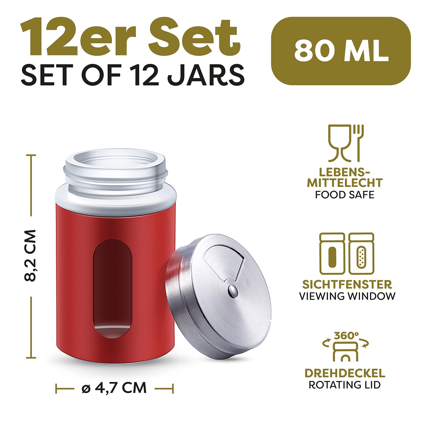 Praknu 12 Gewürzdosen Rot I Gewürzstreuer Edelstahl Set 80ml I Mit Sichtfenster - 3 fach Streuregulierung I Gewürzgläser für Gewürze/Kräuter
