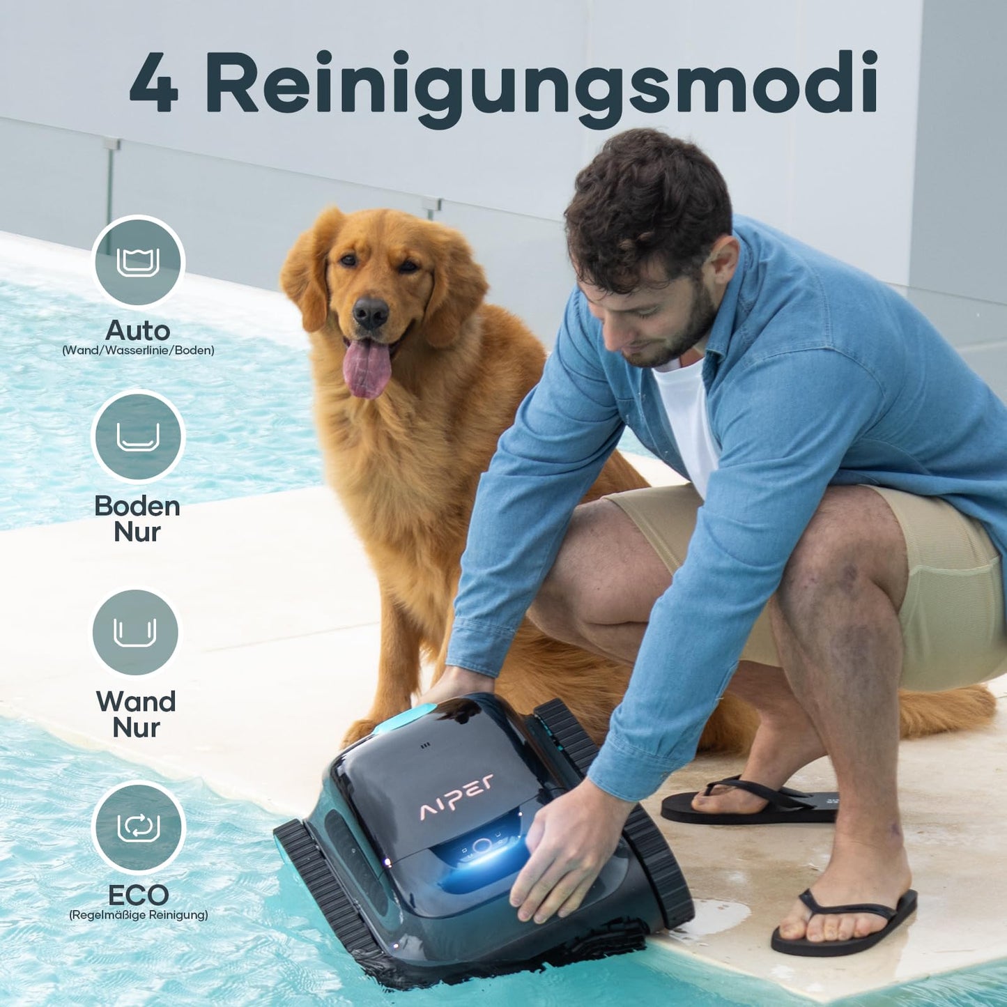AIPER Poolroboter für Wand, Boden & Wasserlinie, Akku mit 150 Min Laufzeit, 4 Modi, 3,5 L Filterkorb, Navigation 2.0, bis 150 m²