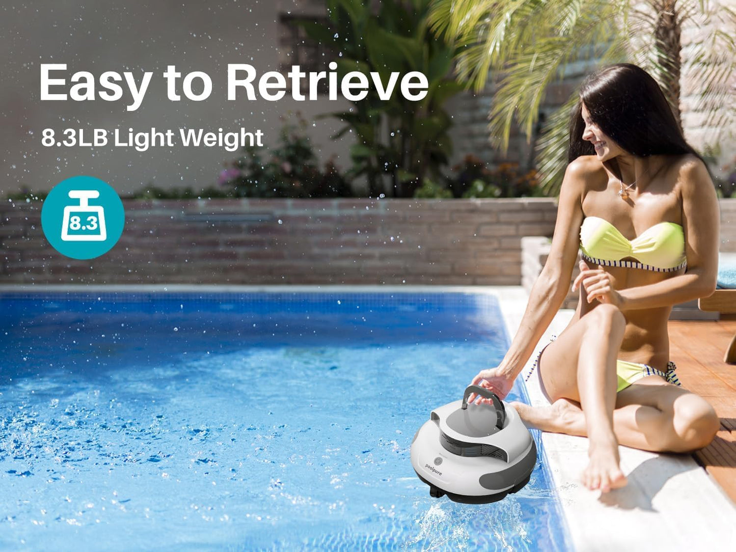 POOLPURE Poolroboter – Kabellos mit 5000 mAh Akku, 120 Min Laufzeit, automatische Parkfunktion, LED-Anzeige, IPX8, für Pools bis 90 m²
