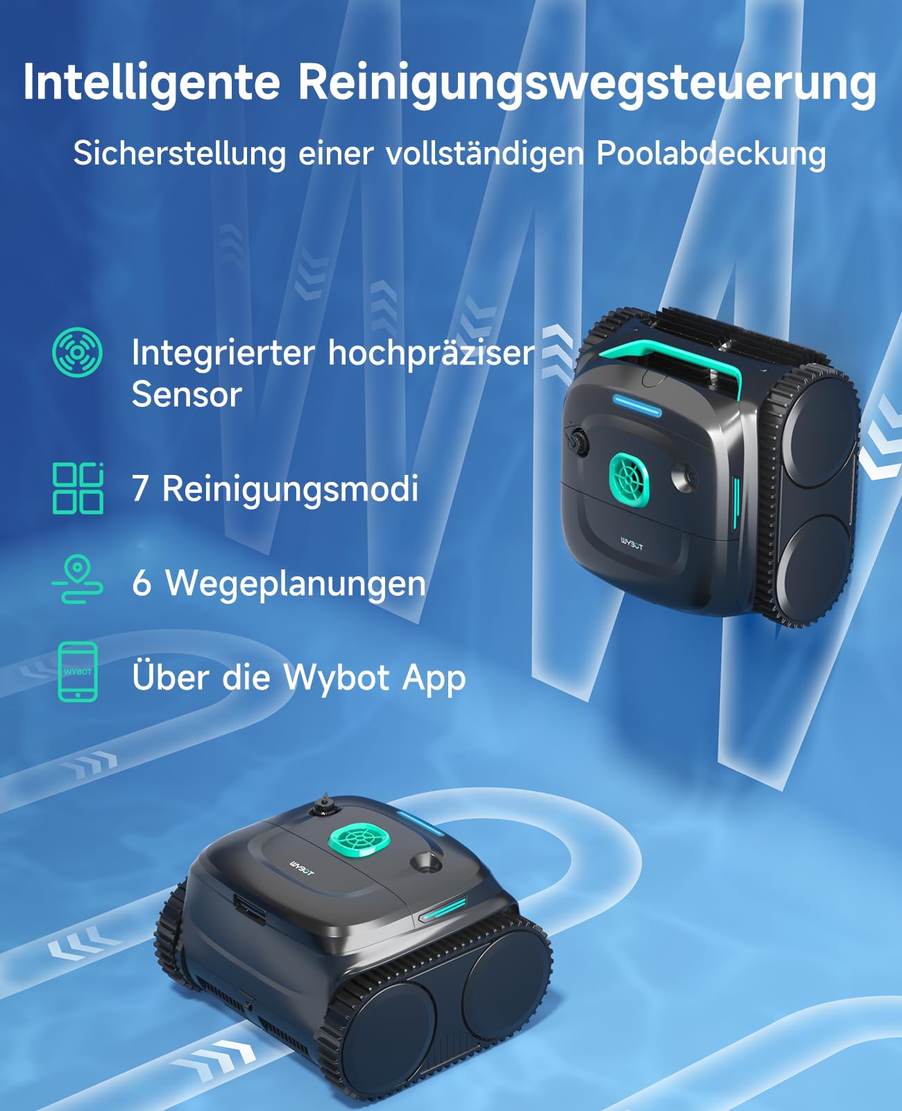 WYBOT C2 Poolroboter Akku, Boden & Wand, 3-Motoren, 180 Min Laufzeit, starke Saugkraft, Doppelfilter, App, für Pools bis 150 m²