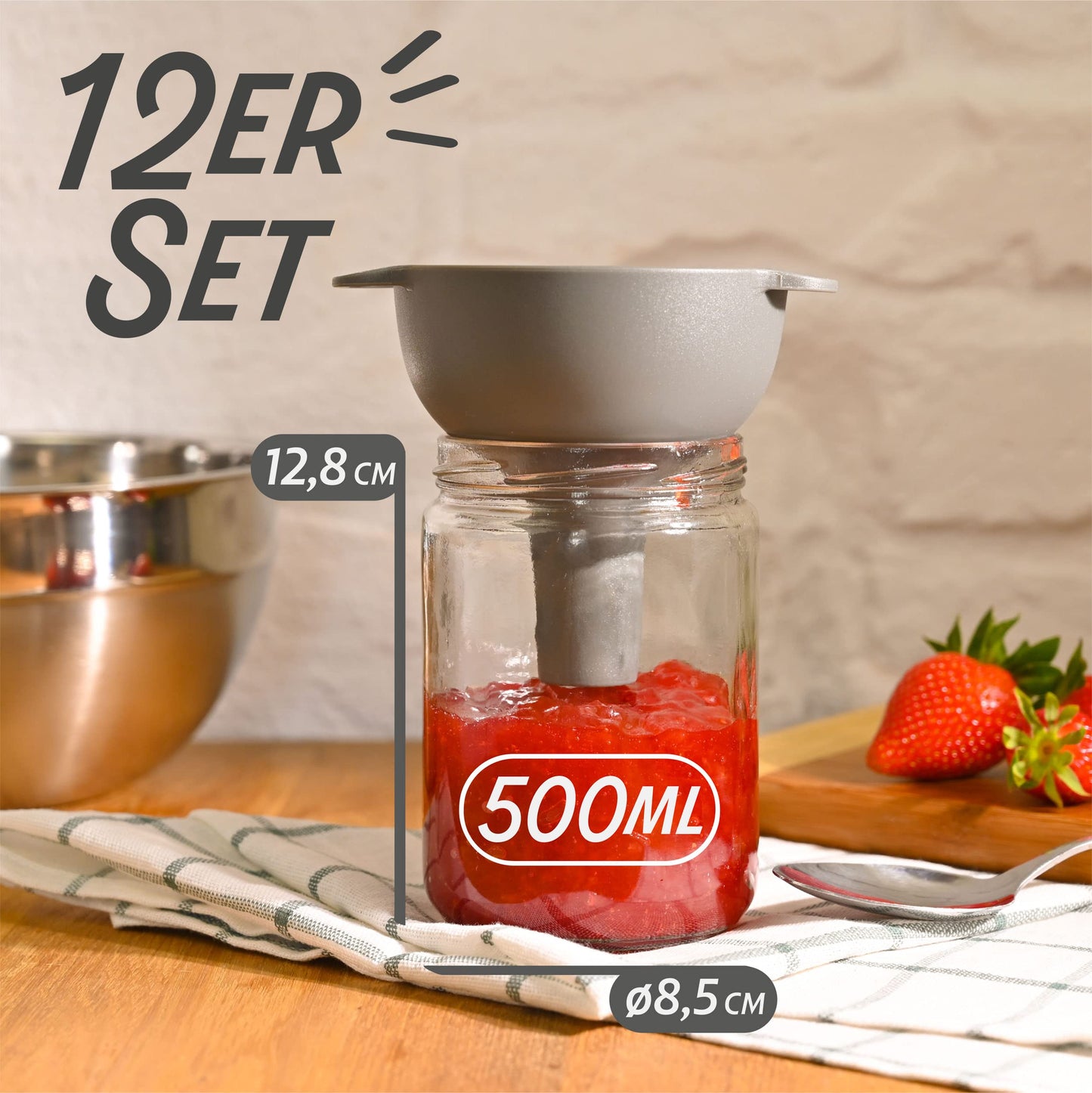 Praknu 12er-Set Einmachgläser mit Schraubdeckel 500 ml - Marmeladengläser mit Schraub-Deckel - Mit Etiketten & Stift - Luftdicht - Spülmaschinenfest