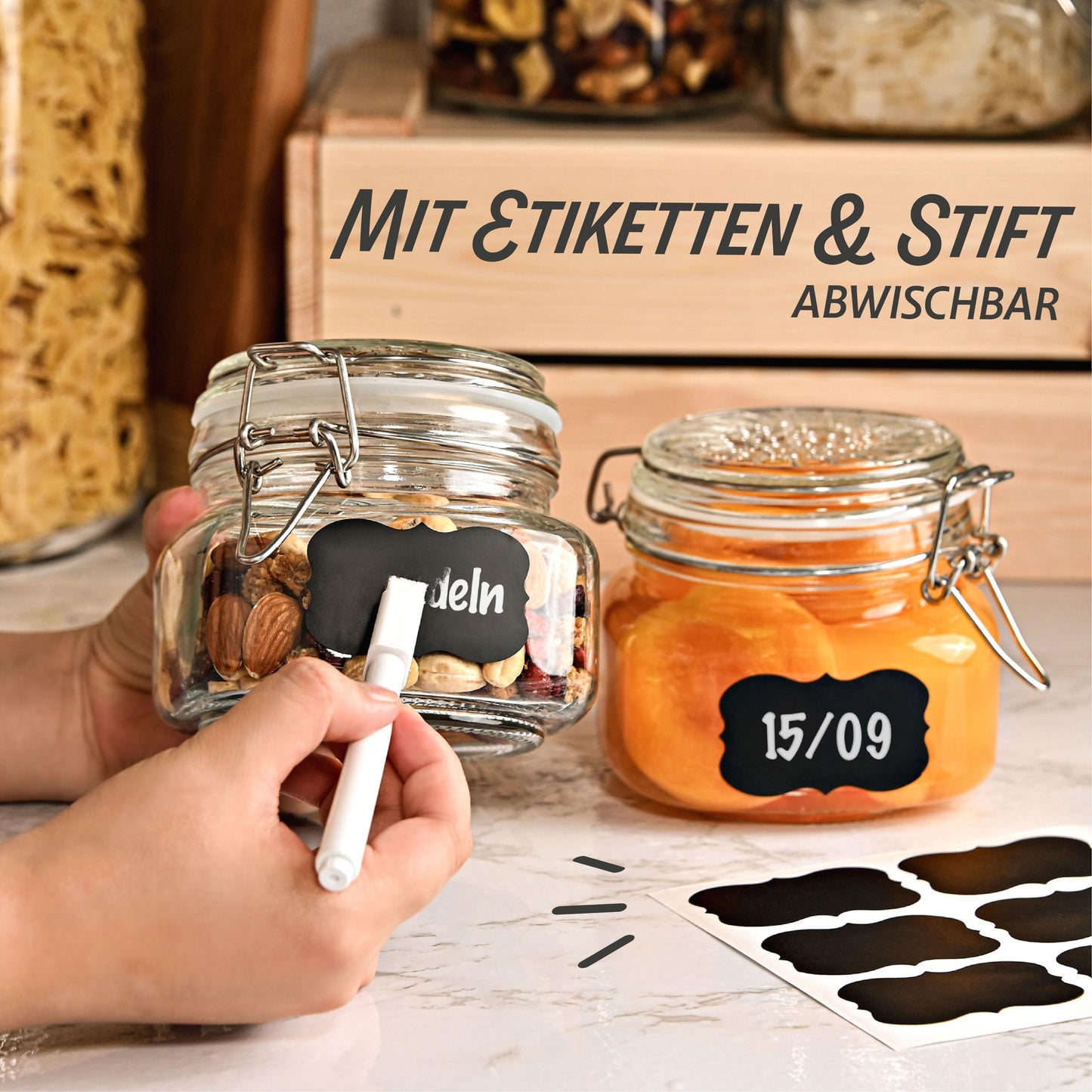 Praknu 12 Einmachgläser mit Bügelverschluss 500ml - Mit Etiketten, Stift und extra Silikondichtungen - Platzsparend durch eckige