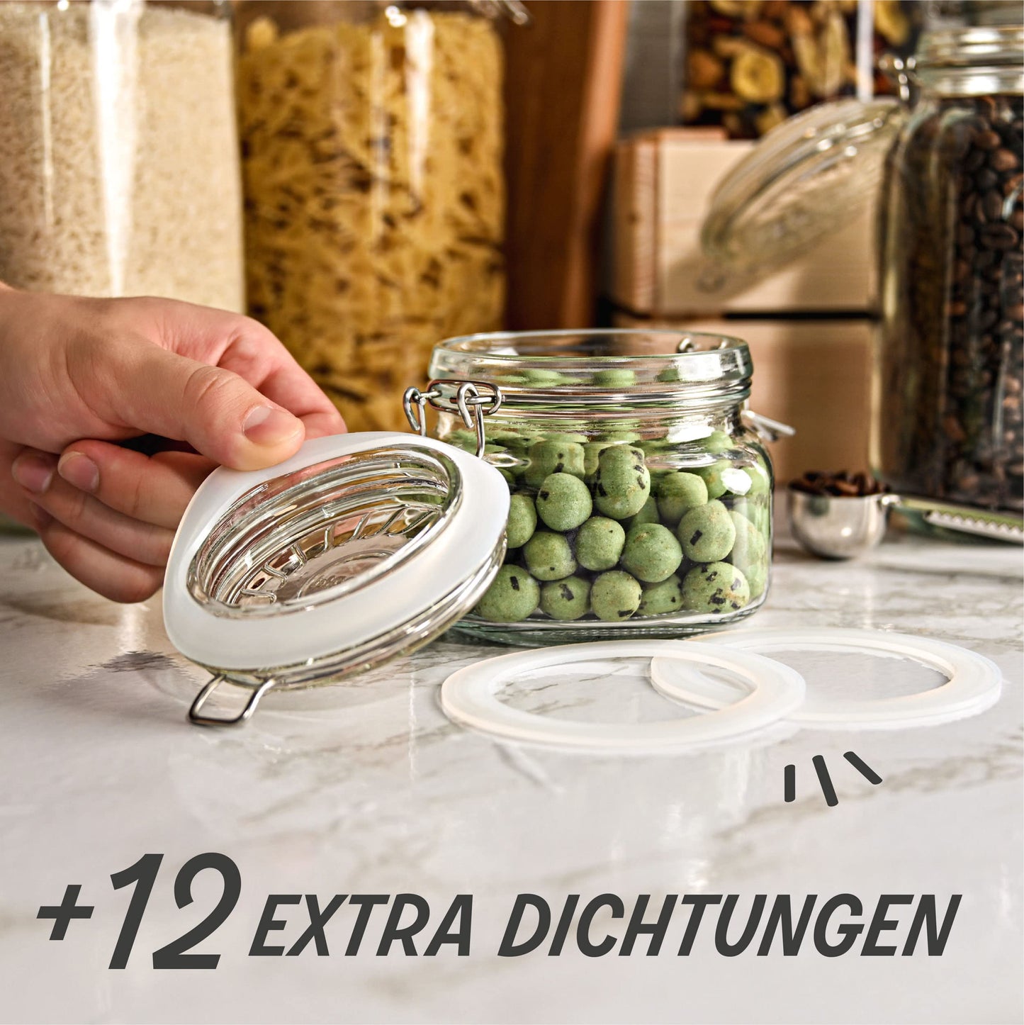 Praknu 12 Einmachgläser mit Bügelverschluss 500ml - Mit Etiketten, Stift und extra Silikondichtungen - Platzsparend durch eckige