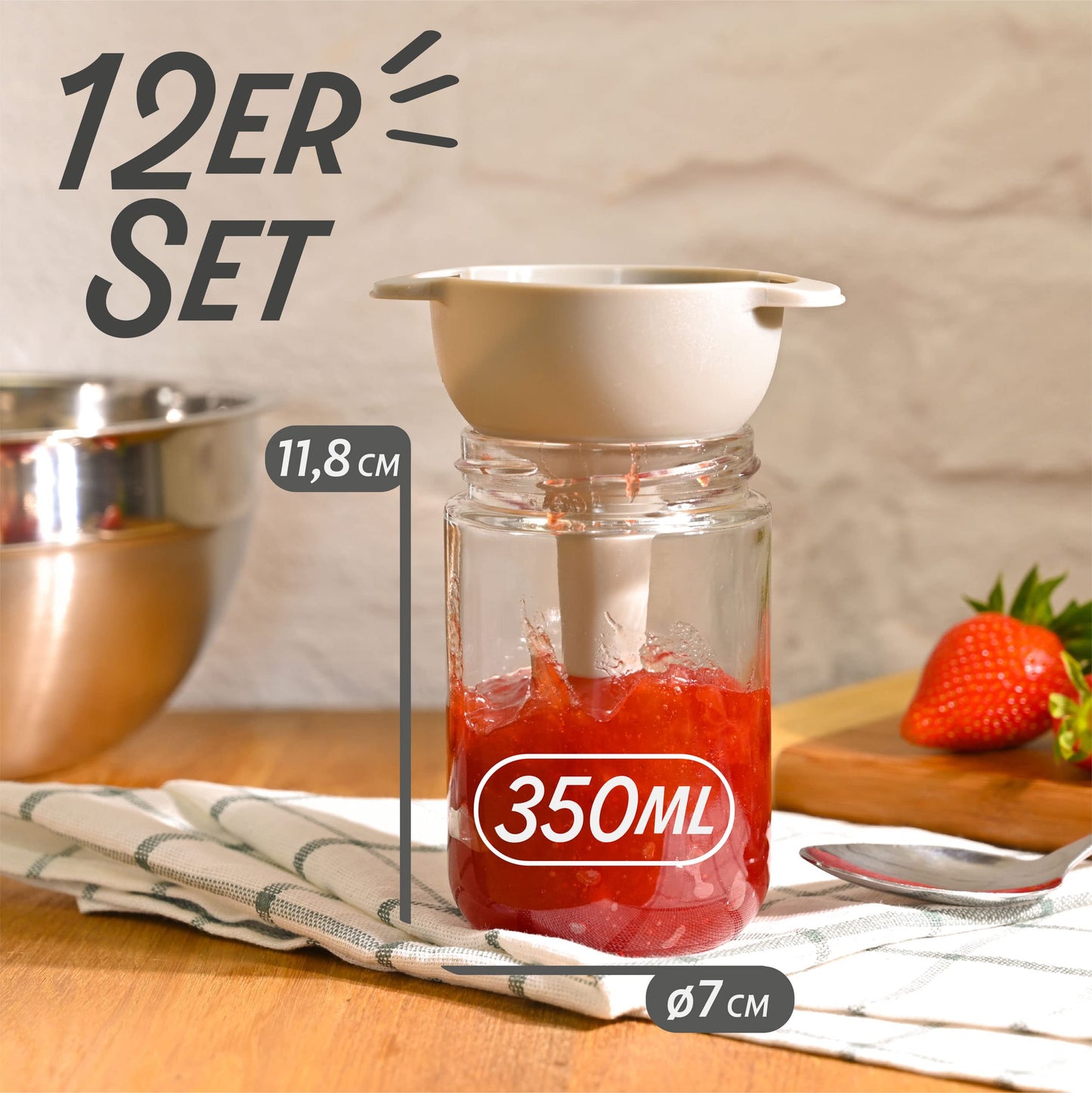 Praknu 12 Einmachgläser mit Deckel 350ml - Mit Etiketten & Stift - Luftdicht - Spülmaschinenfest - Ideal zum Verschenken