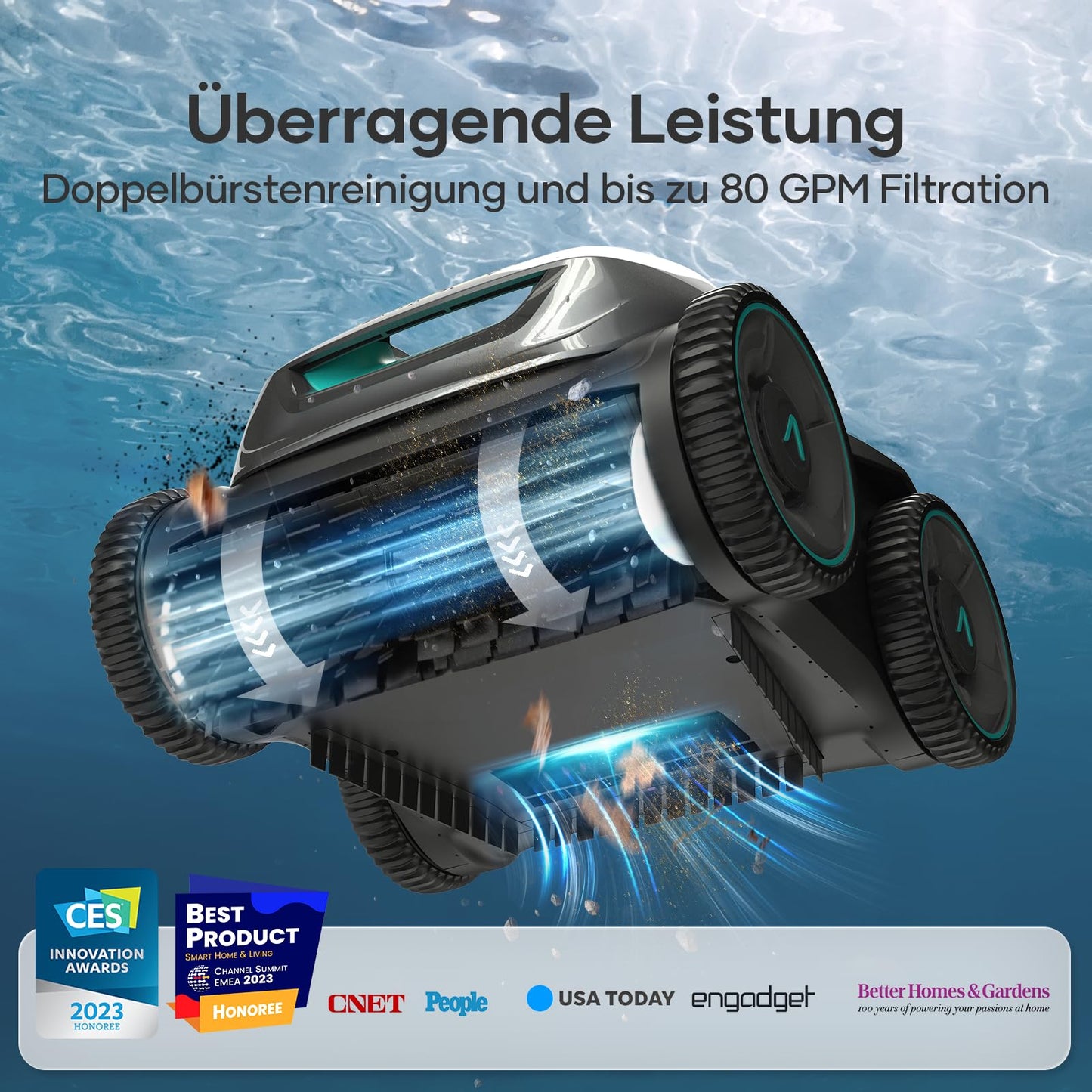 AIPER Akku-Poolroboter, 150 Min Laufzeit, Quad-Motor, WavePath, 3 Modi, 18500 L/h, kabellos, ideal für Pools bis 150 m²
