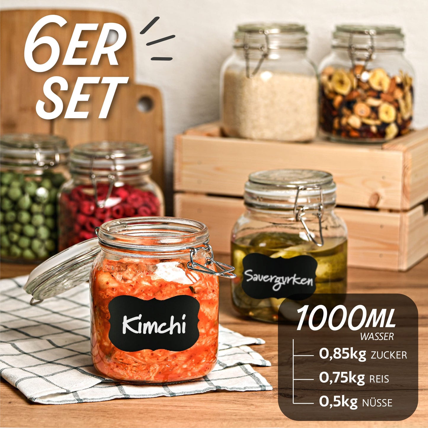 Praknu 12 Einmachgläser mit Bügelverschluss 1l - Mit Etiketten, Stift und extra Silikondichtungen - Platzsparend durch eckige Form - Spülmaschinenfest