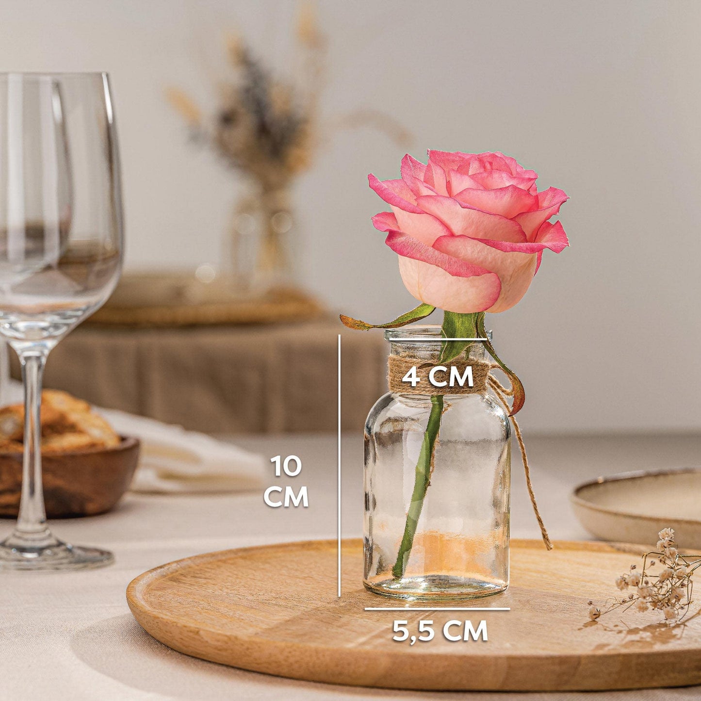 Praknu 12 Mini Glasvasen - 10 cm hoch - Inklusive Juteschnur - Vintage Design - Traumhafte Deko für Hochzeit - Spülmaschinenfest