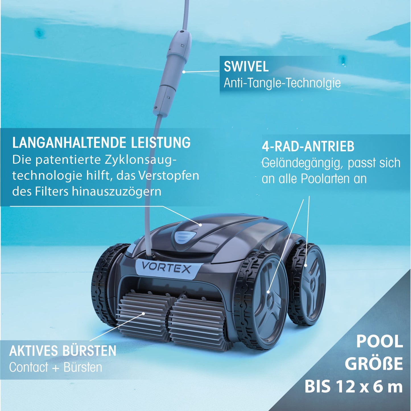 Zodiac Vortex 4WD Poolroboter OV 5300 SW – Boden/Wand/Wasserlinie, bis 12x6 m, 18 m Swivel Kabel + Transportwagen