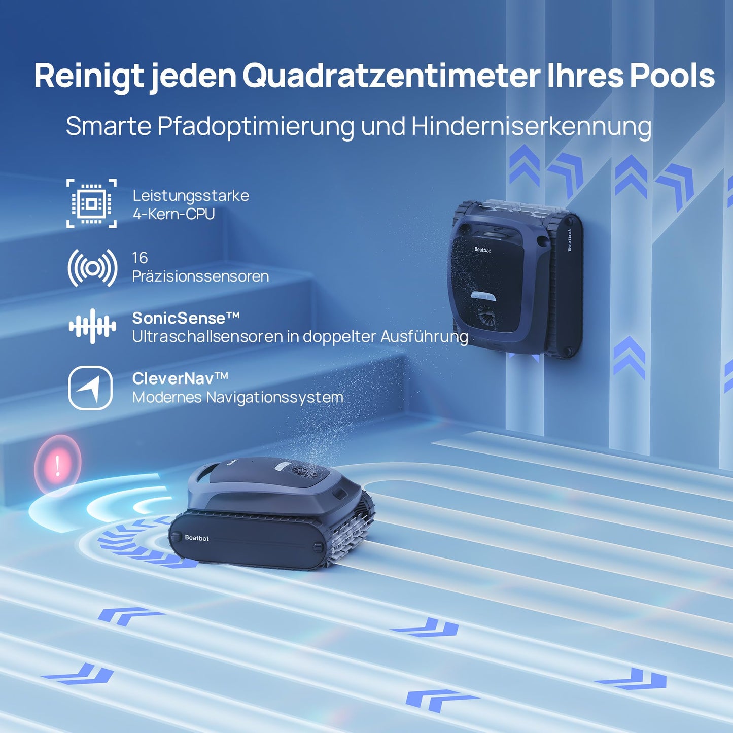 Beatbot AquaSense 2 Poolroboter – Akku, Boden/Wand, doppelte Wasserlinienreinigung, Oberflächen-Parkfunktion, bis 300 m², Mitternachtblau