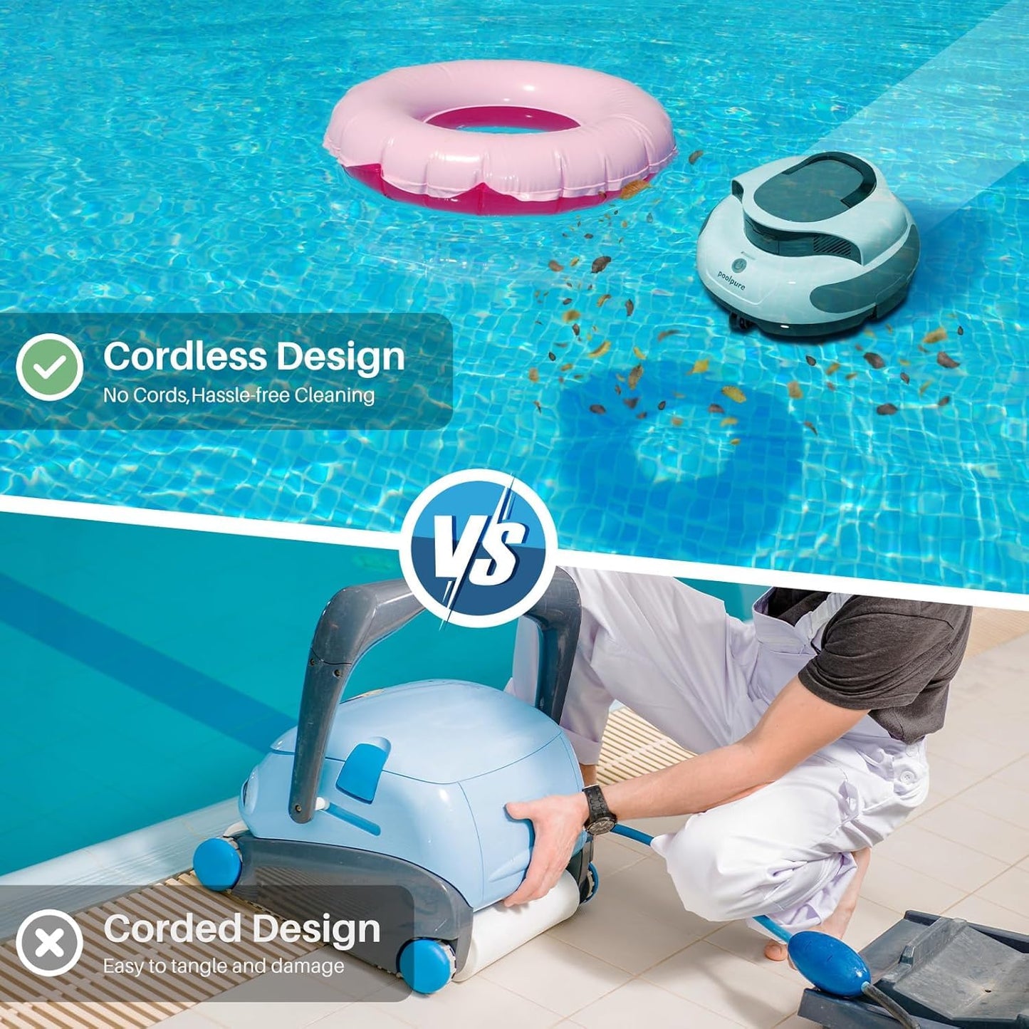POOLPURE Poolroboter – Kabellos mit 5000 mAh Akku, 120 Min Laufzeit, automatische Parkfunktion, LED-Anzeige, IPX8, für Pools bis 90 m²