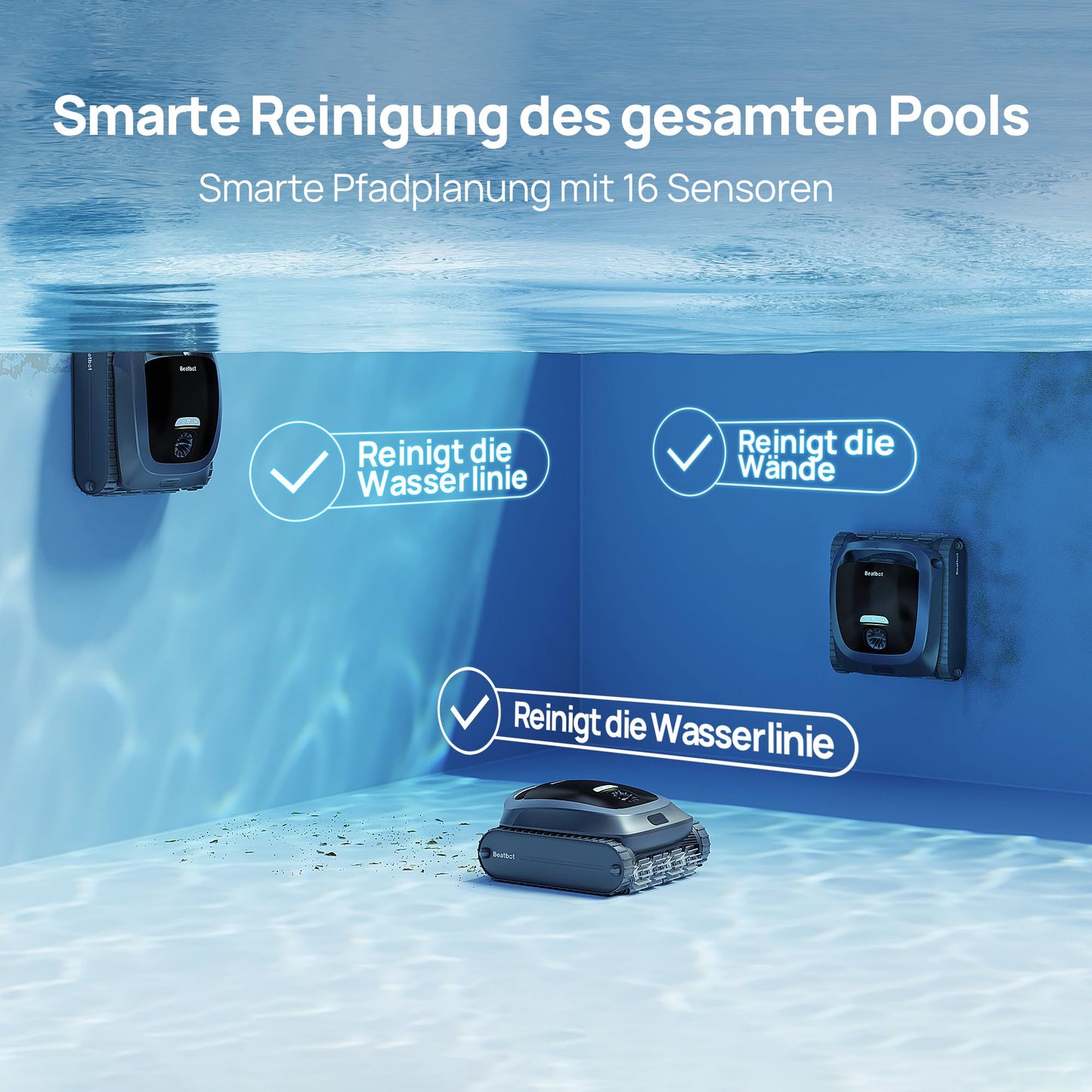 Beatbot AquaSense 2 Poolroboter – Akku, Boden/Wand, doppelte Wasserlinienreinigung, Oberflächen-Parkfunktion, bis 300 m², Mitternachtblau