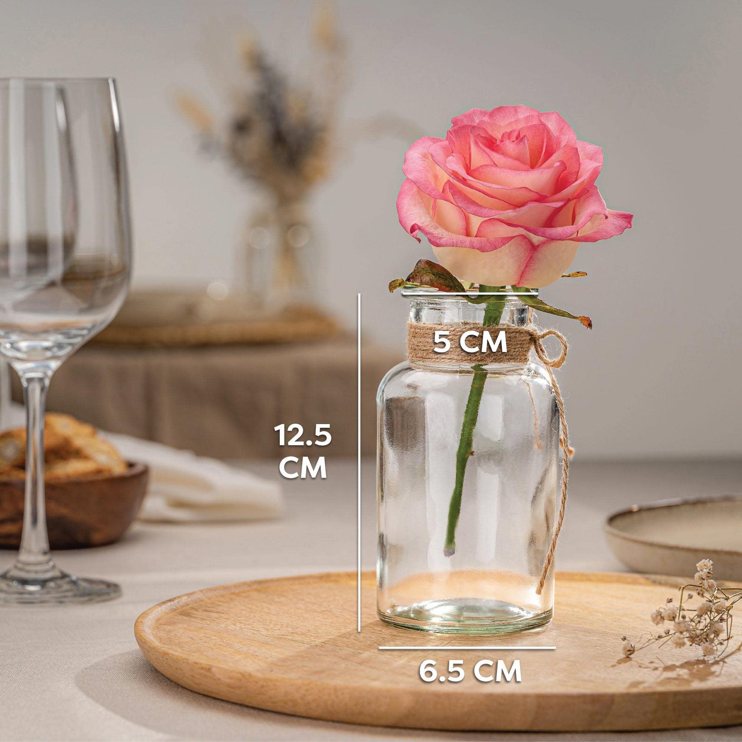 Praknu 12 Kleine Glasvasen - 12,5 cm hoch - Inklusive Juteschnur - Vintage Design - Traumhafte Deko für Hochzeit - Spülmaschinenfest
