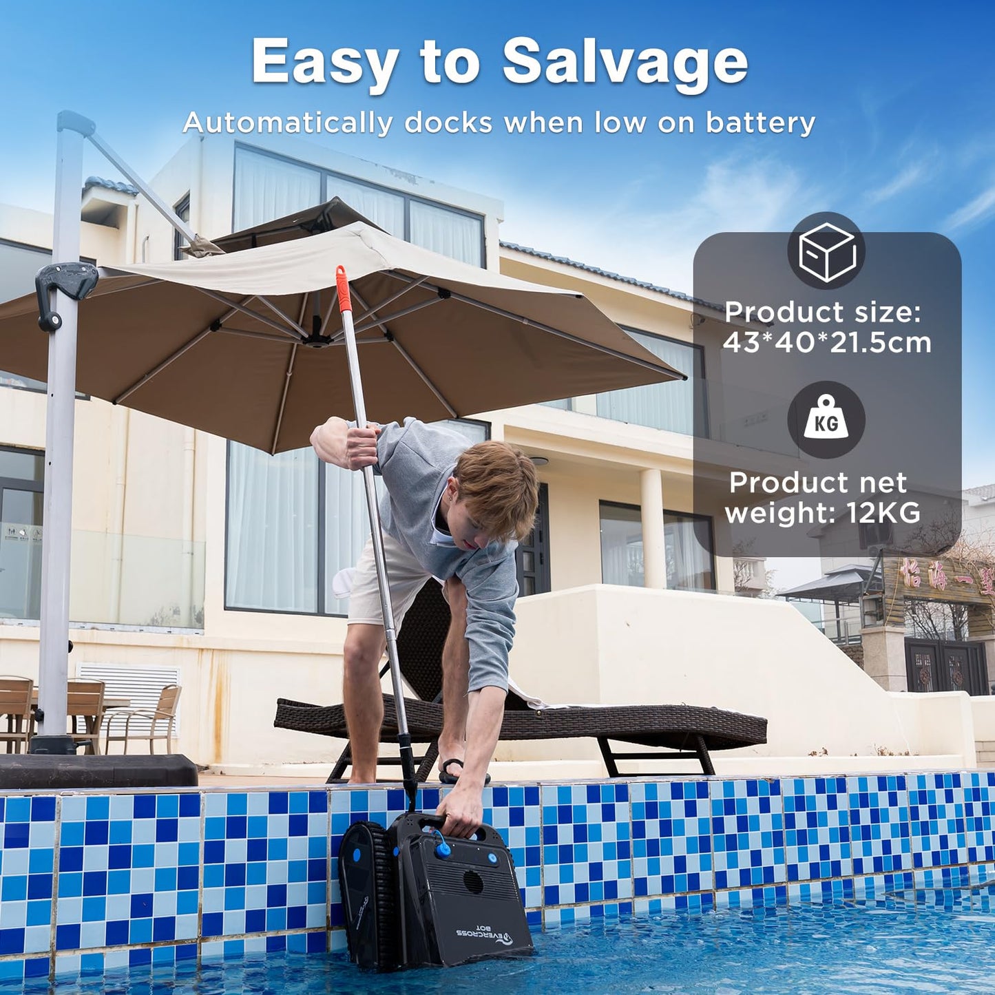 EVERCROSS BOT U8 Poolroboter – kabellos mit Akku, Boden-, Wand- & Wasserlinienreinigung, 120 Min Laufzeit, für Pools bis 200 m²
