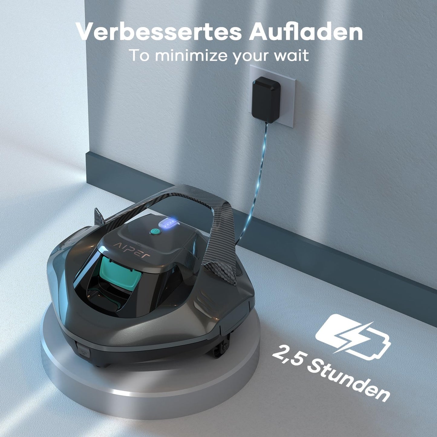 AIPER Poolroboter, kabelloser Akku-Poolsauger mit 90 Min Laufzeit, LED-Anzeige, Auto-Parken, für flache Aufstell- & Einbaupools bis 80 m²