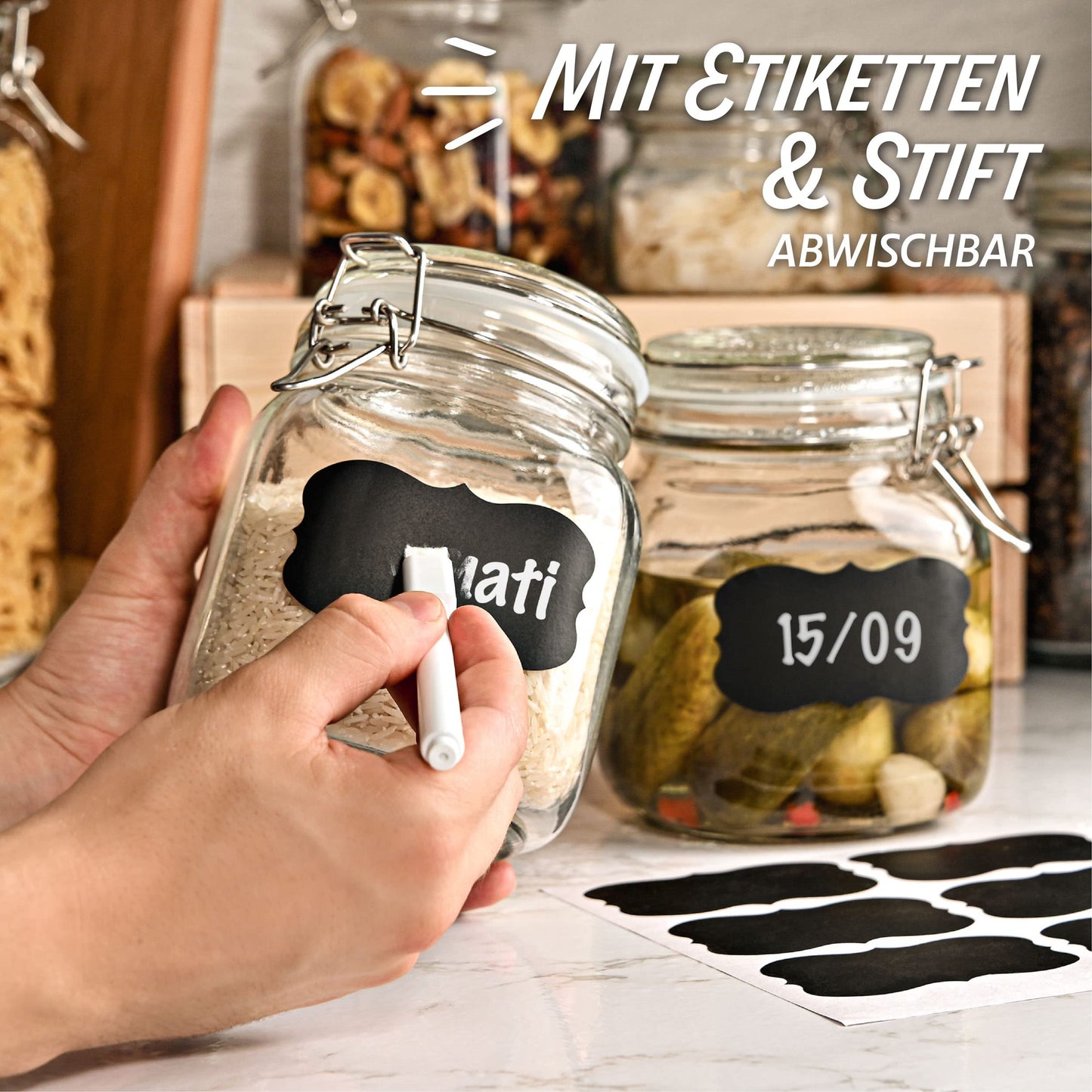 Praknu 12 Einmachgläser mit Bügelverschluss 1l - Mit Etiketten, Stift und extra Silikondichtungen - Platzsparend durch eckige Form - Spülmaschinenfest