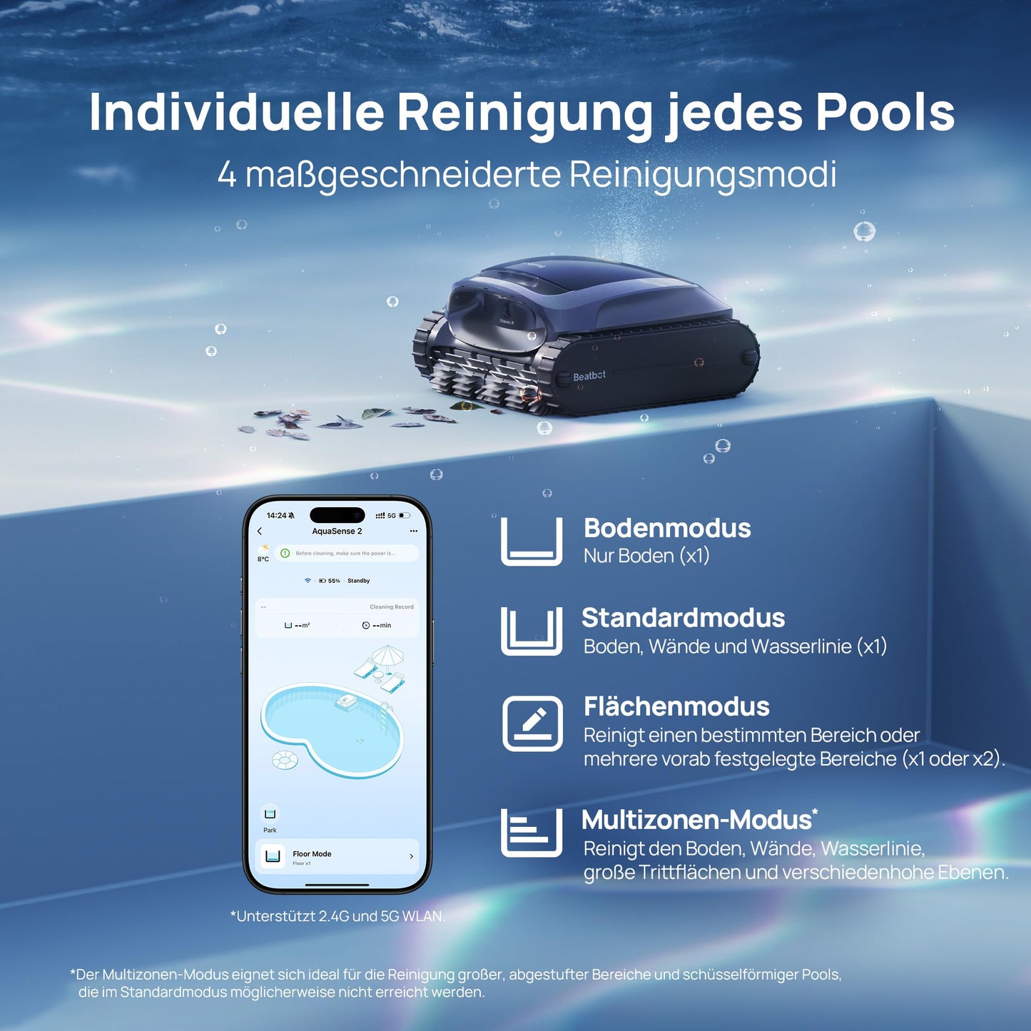Beatbot AquaSense 2 Poolroboter – Akku, Boden/Wand, doppelte Wasserlinienreinigung, Oberflächen-Parkfunktion, bis 300 m², Mitternachtblau