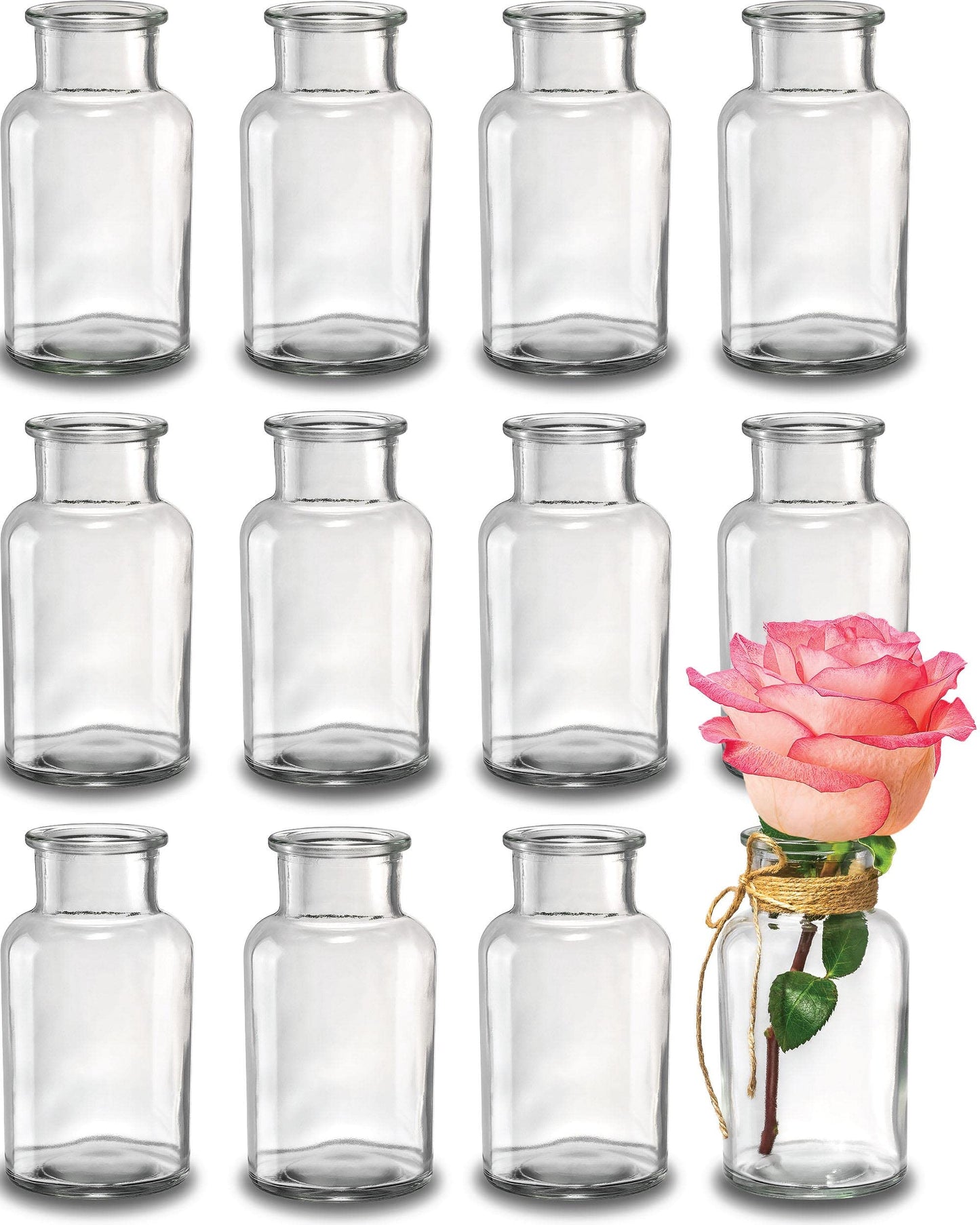 Praknu 12 Kleine Glasvasen - 12,5 cm hoch - Inklusive Juteschnur - Vintage Design - Traumhafte Deko für Hochzeit - Spülmaschinenfest
