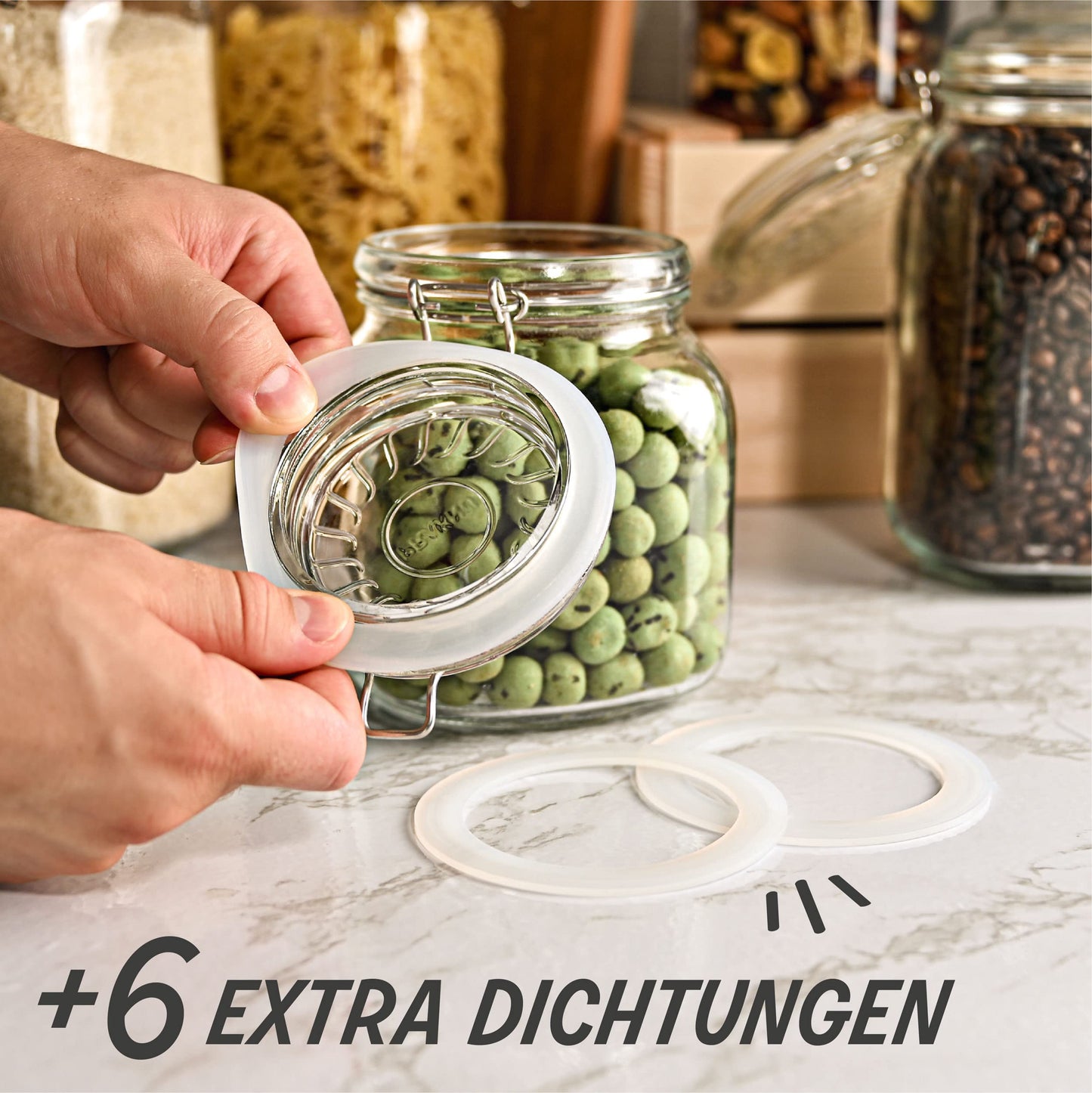 Praknu 12 Einmachgläser mit Bügelverschluss 1l - Mit Etiketten, Stift und extra Silikondichtungen - Platzsparend durch eckige Form - Spülmaschinenfest