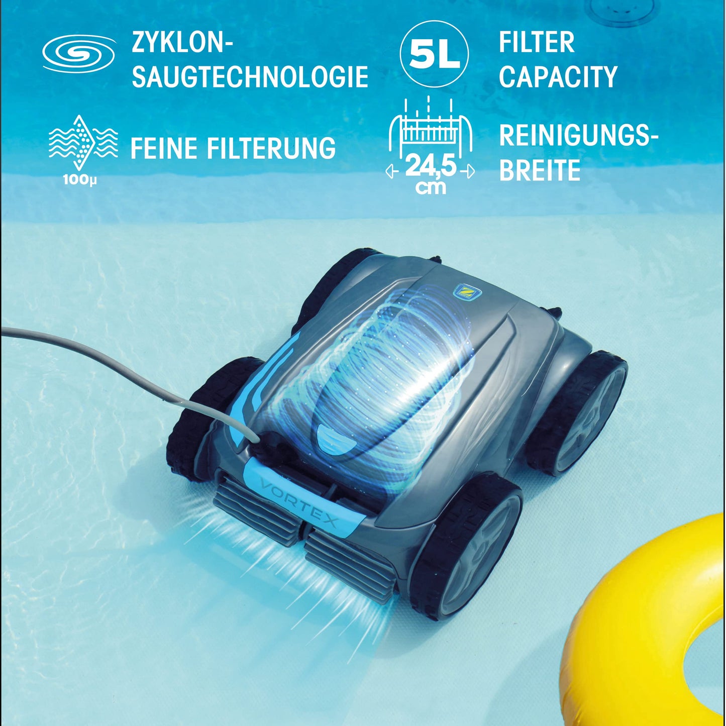 Zodiac Vortex 4WD Poolroboter OV 5300 SW – Boden/Wand/Wasserlinie, bis 12x6 m, 18 m Swivel Kabel + Transportwagen