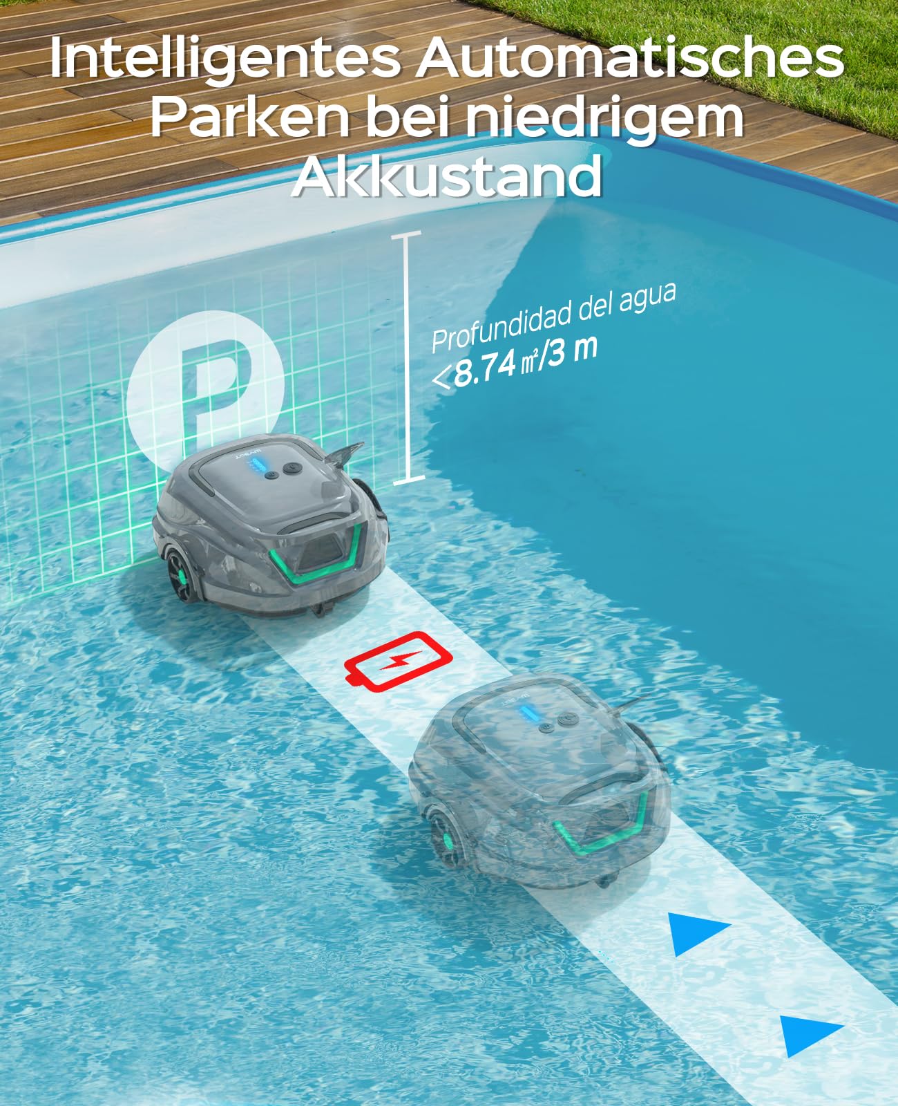 WYBOT A1 Poolroboter (2025 Upgrade), kabellos, 120 Min Laufzeit, Akku & Doppelfilter, für Aufstellpools bis 100 m² (Hellgrau-Grün)