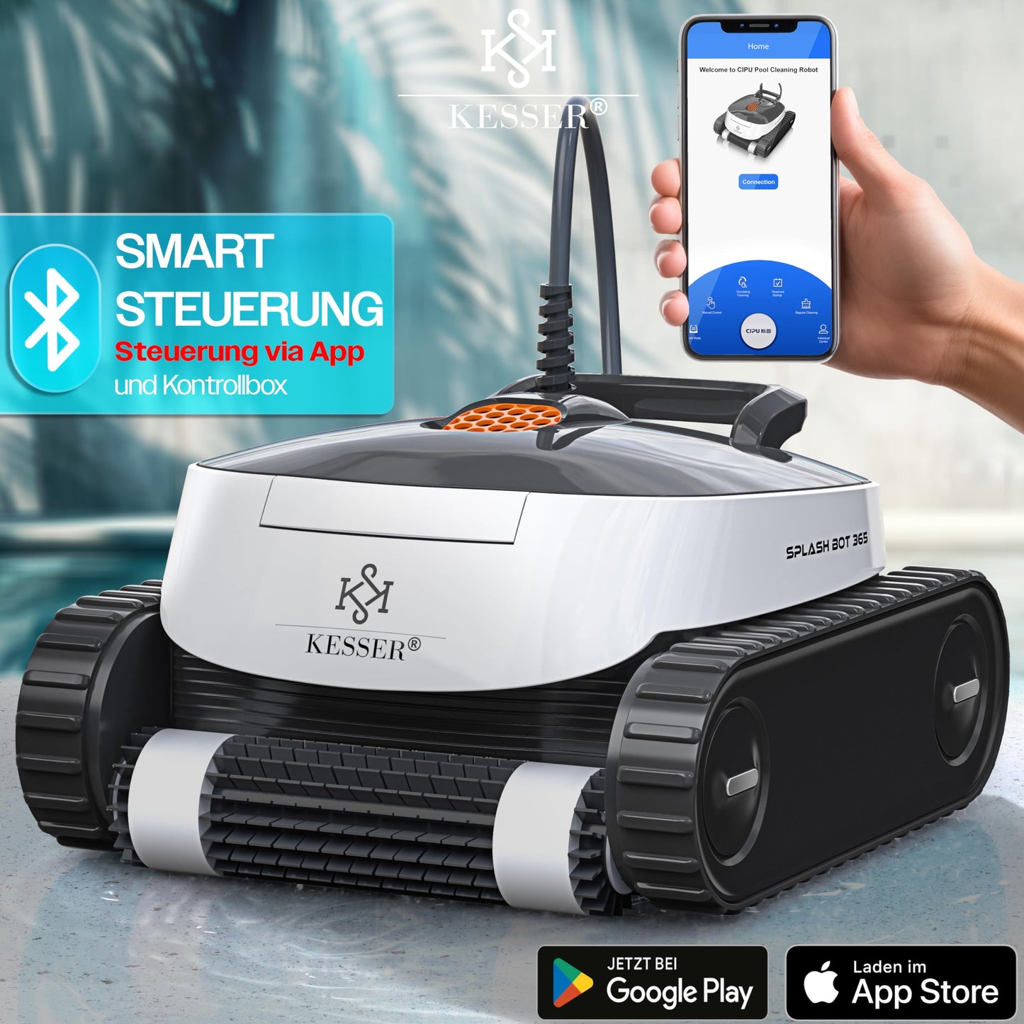 KESSER® Poolroboter – vollautomatisch mit App, Boden & Wand, bis 100 m², inkl. Abdeckung & Klettermechanismus