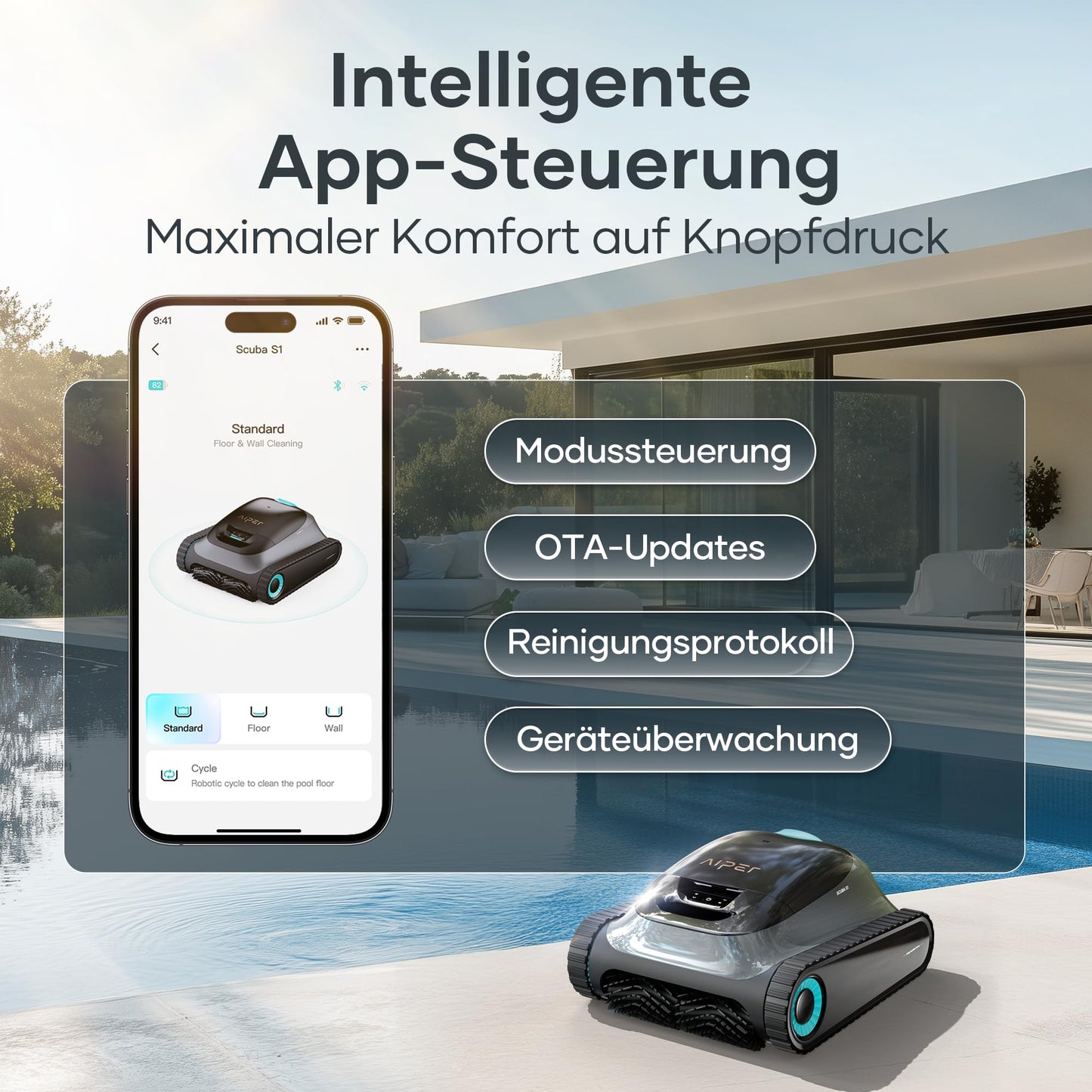 AIPER Scuba S1 Poolroboter – Boden, Wand & Wasserlinie, 180 Min Akku, 3μm Filter, App-Steuerung, für eingelassene Pools
