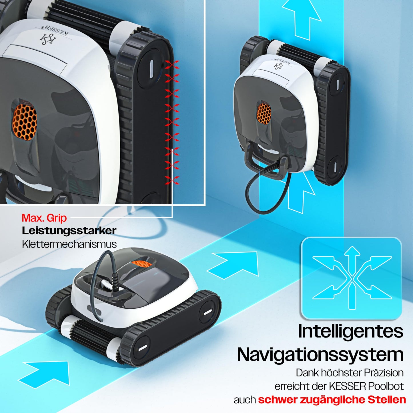 KESSER® Poolroboter – vollautomatisch mit App, Boden & Wand, bis 100 m², inkl. Abdeckung & Klettermechanismus