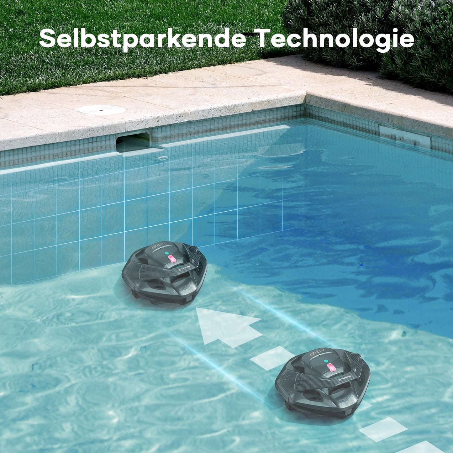 AIPER Poolroboter, kabelloser Akku-Poolsauger mit 90 Min Laufzeit, Dual-Motor, LED, Auto-Parken, für Flachbodenpools bis 80 m²