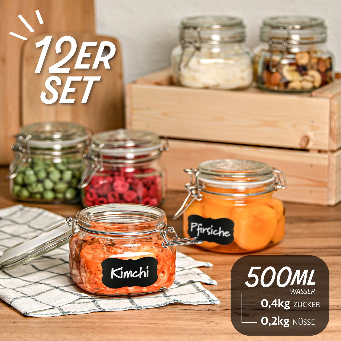 Praknu 12 Einmachgläser mit Bügelverschluss 500ml - Mit Etiketten, Stift und extra Silikondichtungen - Platzsparend durch eckige