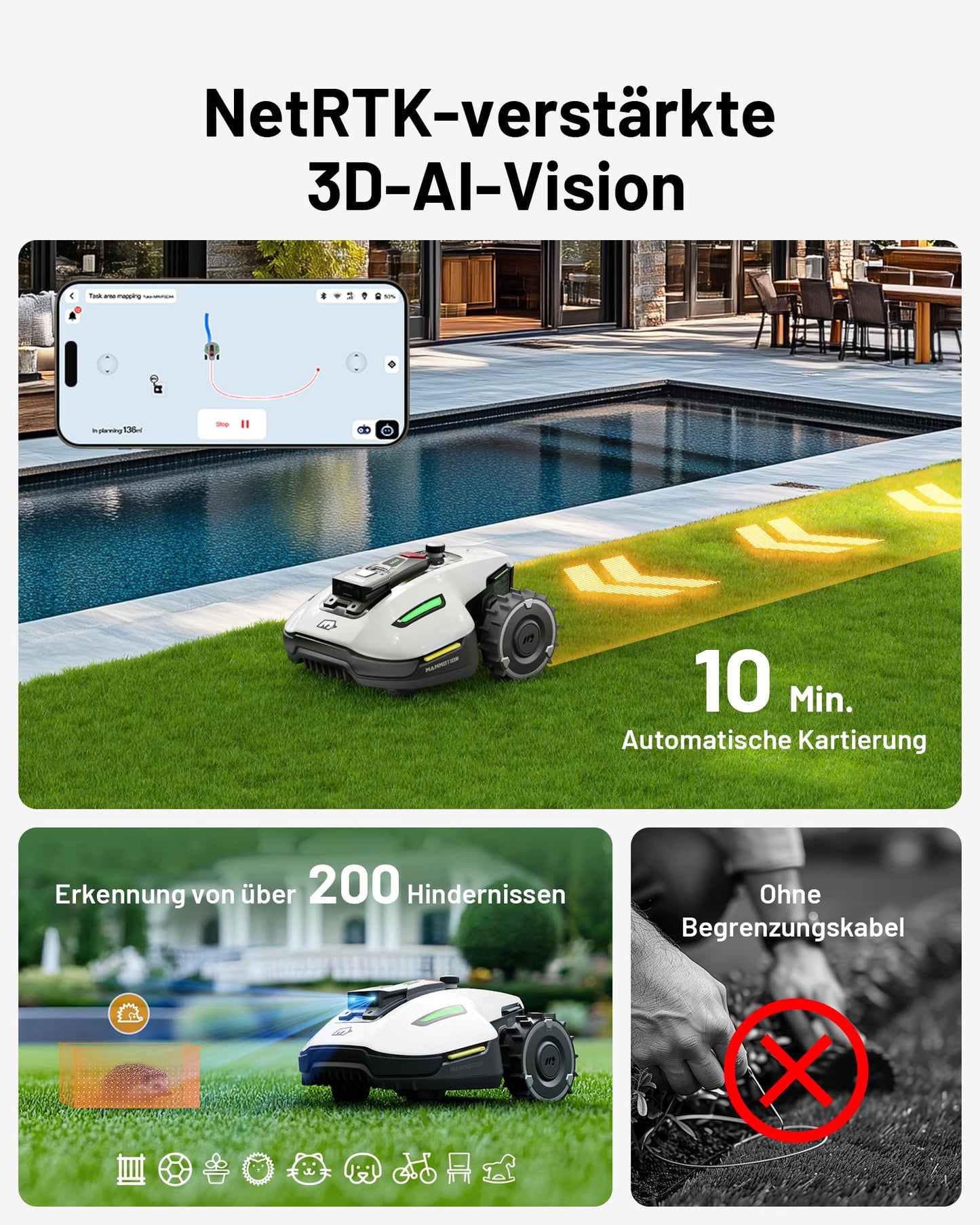 ChatGPT said: MAMMOTION YUKA Mini 500 Mähroboter ohne Begrenzungskabel, 500 m², KI-Hindernisvermeidung, NetRTK+Vision, 4G-App, 50 % Steigung