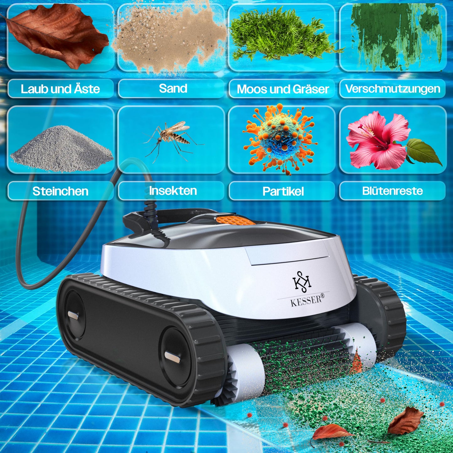 KESSER® Poolroboter – vollautomatisch mit App, Boden & Wand, bis 100 m², inkl. Abdeckung & Klettermechanismus