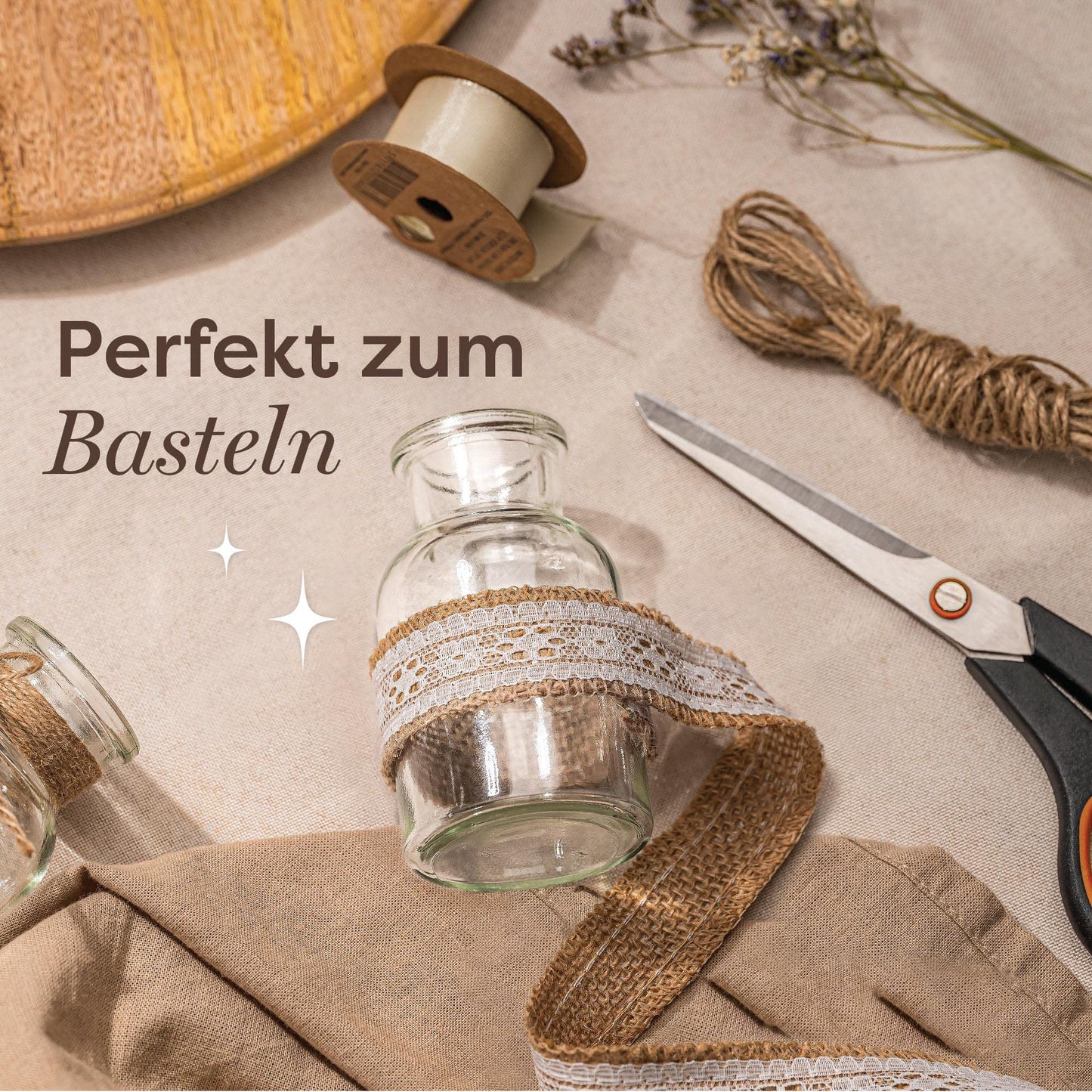 Praknu 12 Mini Glasvasen - 10 cm hoch - Inklusive Juteschnur - Vintage Design - Traumhafte Deko für Hochzeit - Spülmaschinenfest