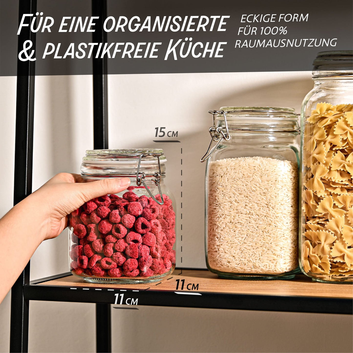 Praknu 12 Einmachgläser mit Bügelverschluss 1l - Mit Etiketten, Stift und extra Silikondichtungen - Platzsparend durch eckige Form - Spülmaschinenfest