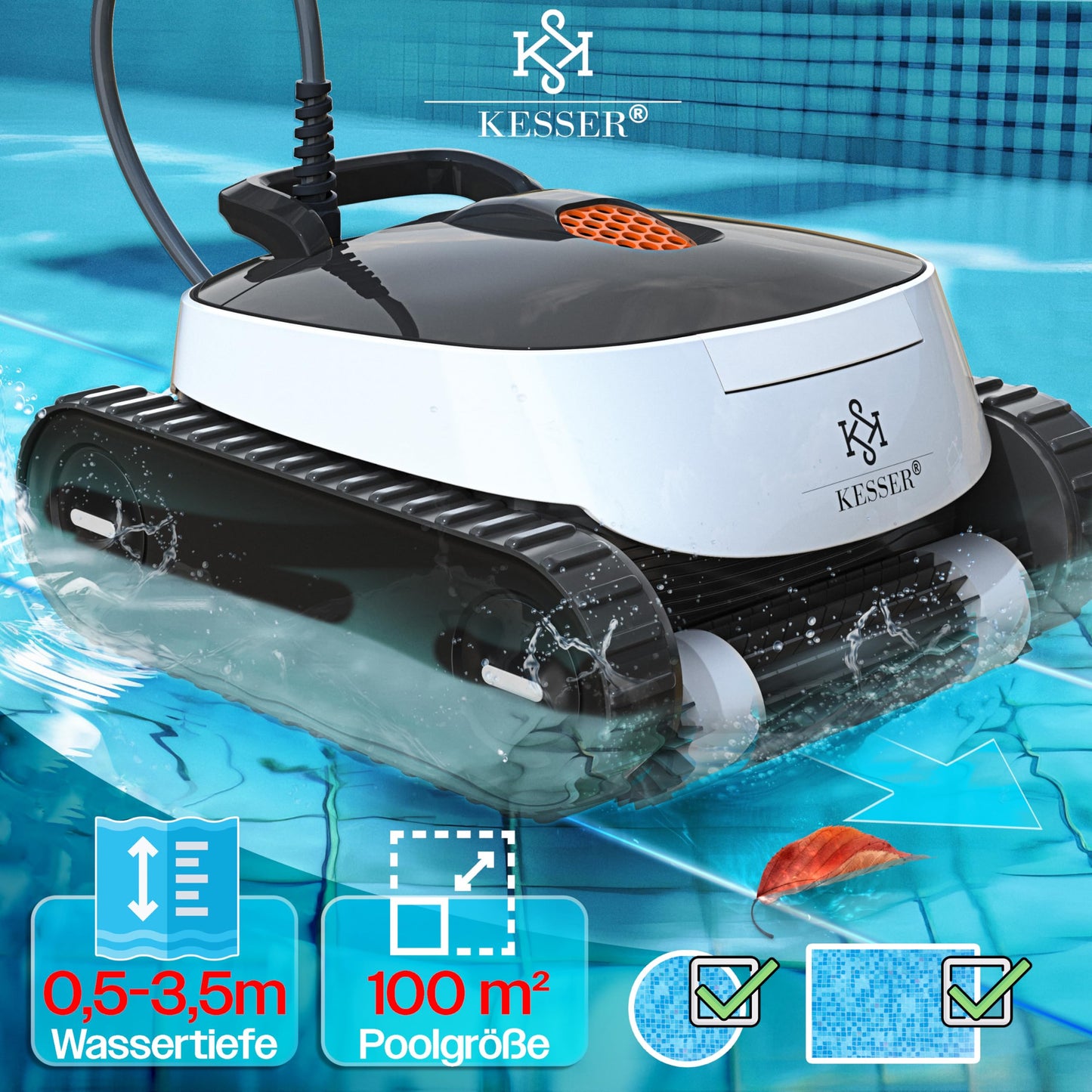 KESSER® Poolroboter – vollautomatisch mit App, Boden & Wand, bis 100 m², inkl. Abdeckung & Klettermechanismus