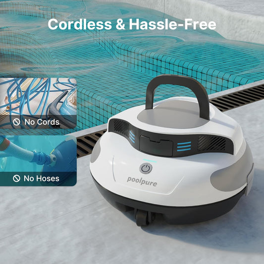 POOLPURE Poolroboter – Kabellos mit 5000 mAh Akku, 120 Min Laufzeit, automatische Parkfunktion, LED-Anzeige, IPX8, für Pools bis 90 m²