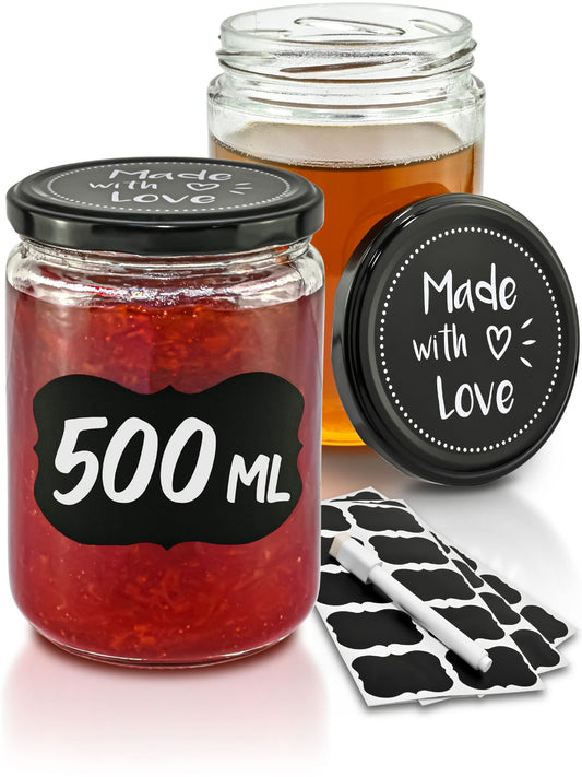 Praknu 12er-Set Einmachgläser mit Schraubdeckel 500 ml - Marmeladengläser mit Schraub-Deckel - Mit Etiketten & Stift - Luftdicht - Spülmaschinenfest