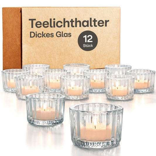 Praknu 12 Teelichthalter Glas Kerzenhalter Gold - Ø 5,5cm Elegante Teelichtgläser als Tischdekoration Hochzeit oder Geburtstagsfeie