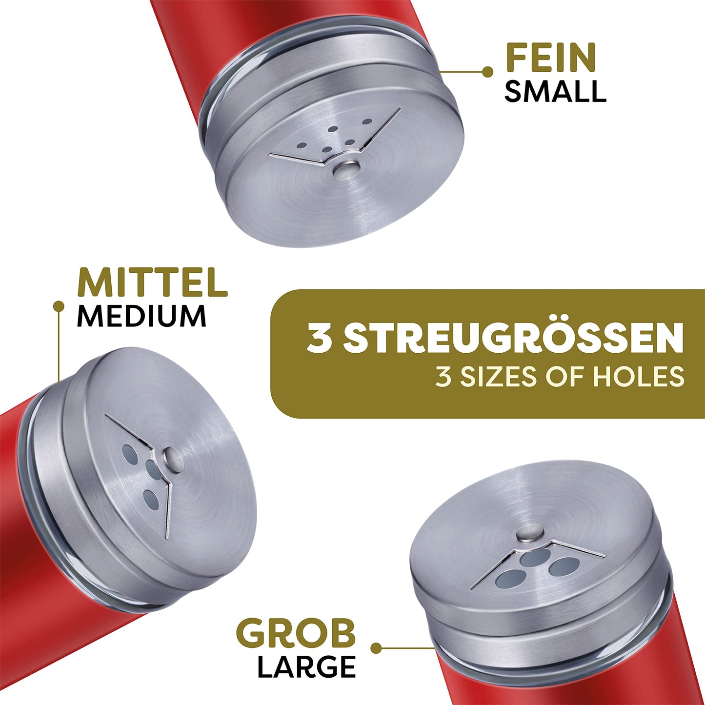 Praknu 12 Gewürzdosen Rot I Gewürzstreuer Edelstahl Set 80ml I Mit Sichtfenster - 3 fach Streuregulierung I Gewürzgläser für Gewürze/Kräuter