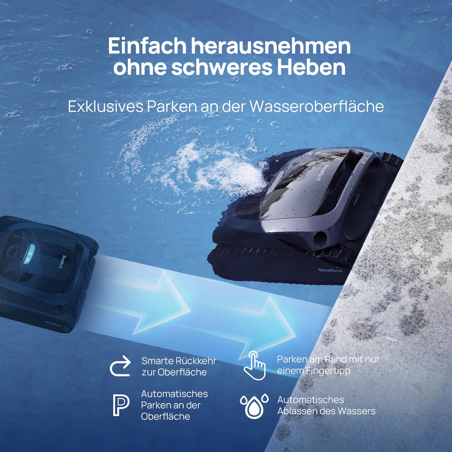 Beatbot AquaSense 2 Poolroboter – Akku, Boden/Wand, doppelte Wasserlinienreinigung, Oberflächen-Parkfunktion, bis 300 m², Mitternachtblau