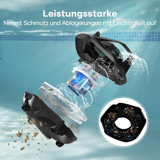 AIPER Poolroboter, kabelloser Akku-Poolsauger mit 90 Min Laufzeit, Dual-Motor, LED, Auto-Parken, für Flachbodenpools bis 80 m²